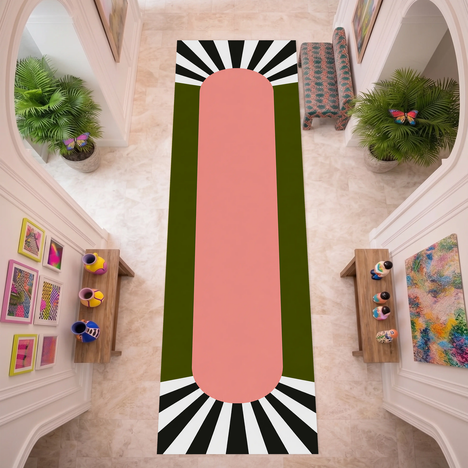 Güneş Işığı Çizgili Pembe Koridor Halısı | Retro Minimalist