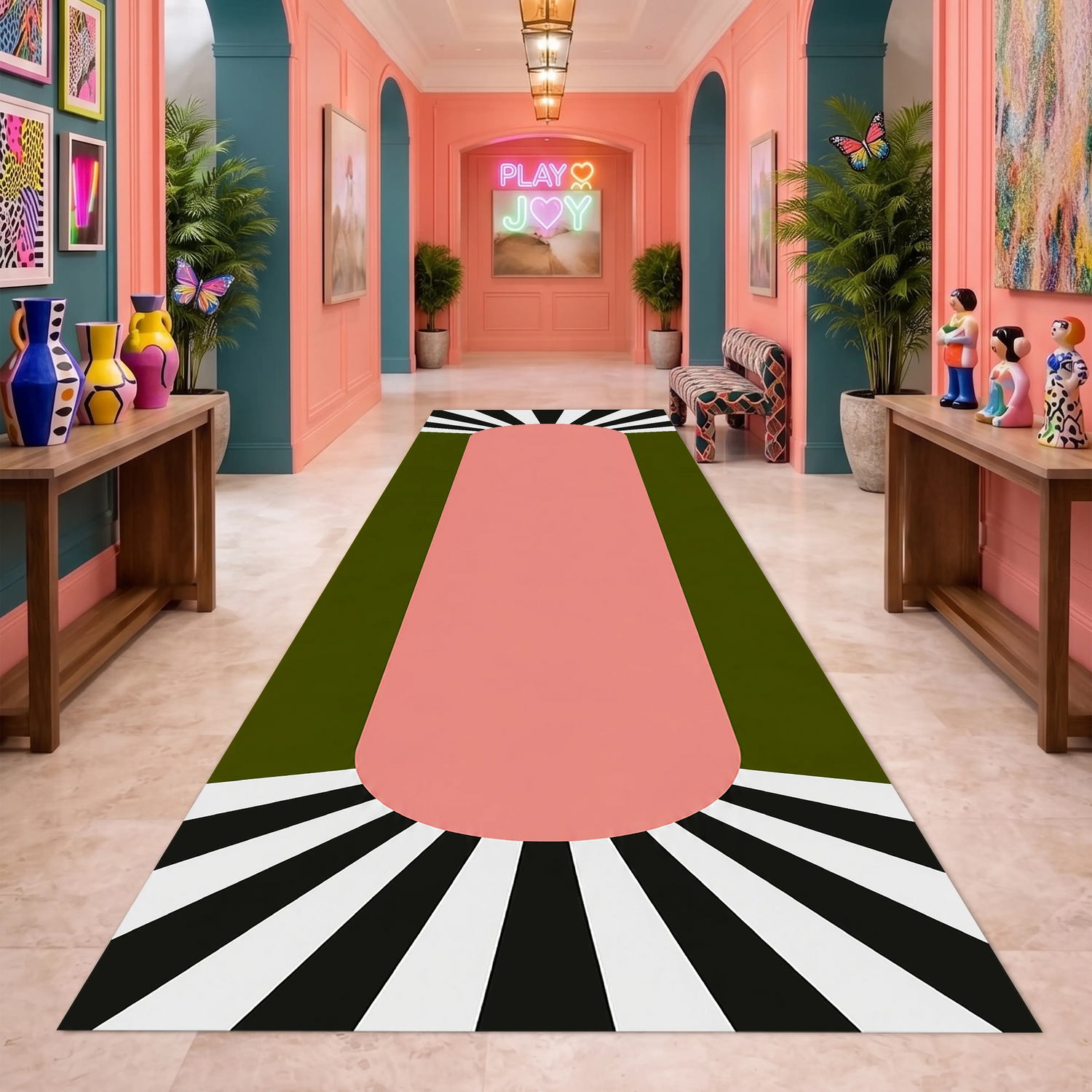 Güneş Işığı Çizgili Pembe Koridor Halısı | Retro Minimalist