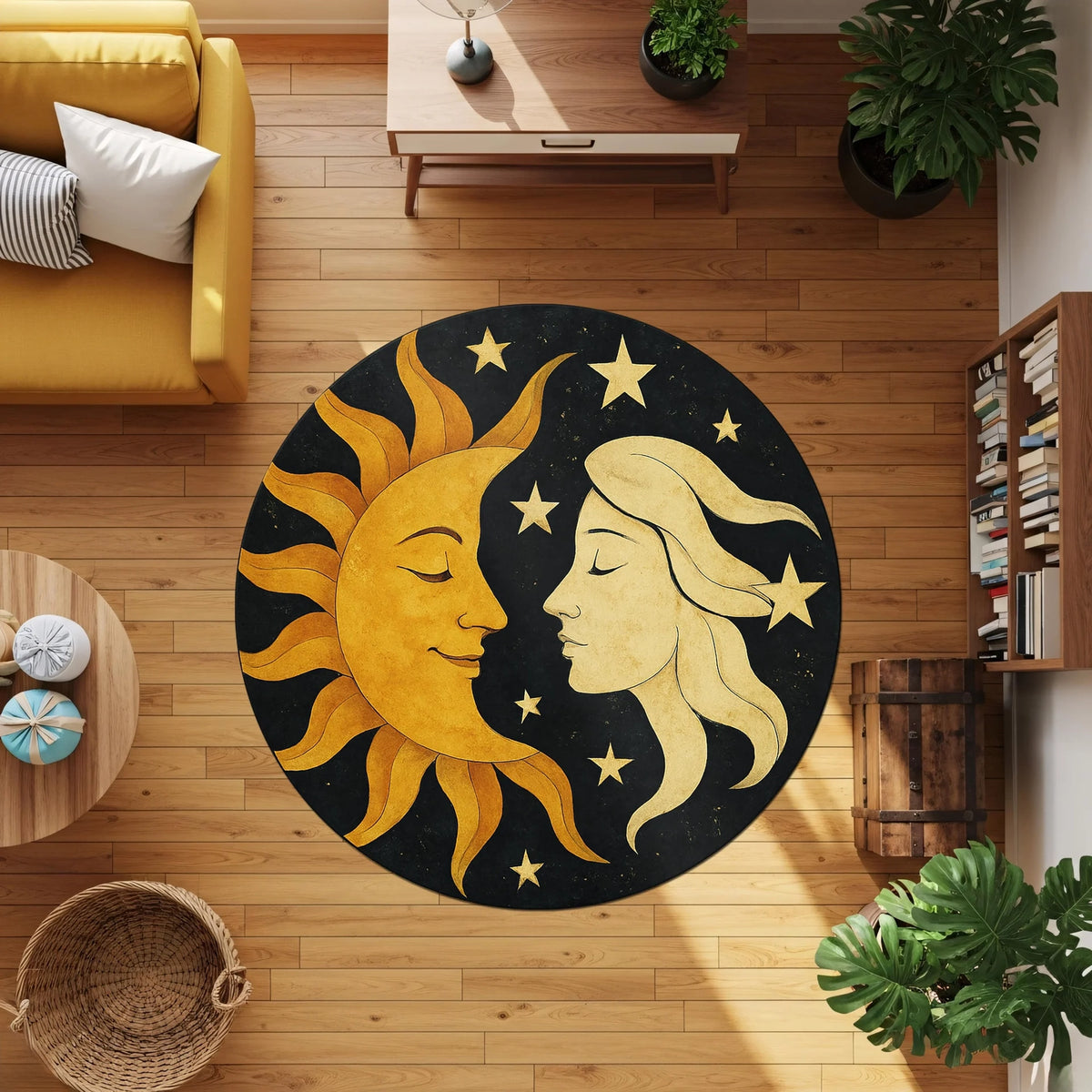 Siyah zemin üzerinde altın tonlarda güneş ve ay yüzlerinin karşılıklı kompozisyonuyla tasarlanmış yuvarlak dijital baskı halı, yıldız detayları ve simetrik yerleşimiyle mistik ve kozmik bir estetik sunar. Yüksek çözünürlüklü baskı sayesinde yüz ifadeleri, ışık geçişleri ve kontur çizgileri net, renk doygunluğu dengeli ve yüzey dokusu homojen görünür. Salon, yatak odası, meditasyon alanı ve konsept mekanlarda kullanılabilecek bu tasarım, FabricUp koleksiyonunun sanatsal ve ruhsal temalı özel halılarındandır.