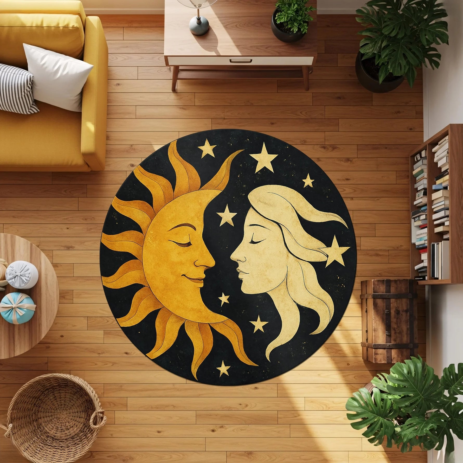 Siyah zemin üzerinde altın tonlarda güneş ve ay yüzlerinin karşılıklı kompozisyonuyla tasarlanmış yuvarlak dijital baskı halı, yıldız detayları ve simetrik yerleşimiyle mistik ve kozmik bir estetik sunar. Yüksek çözünürlüklü baskı sayesinde yüz ifadeleri, ışık geçişleri ve kontur çizgileri net, renk doygunluğu dengeli ve yüzey dokusu homojen görünür. Salon, yatak odası, meditasyon alanı ve konsept mekanlarda kullanılabilecek bu tasarım, FabricUp koleksiyonunun sanatsal ve ruhsal temalı özel halılarındandır.