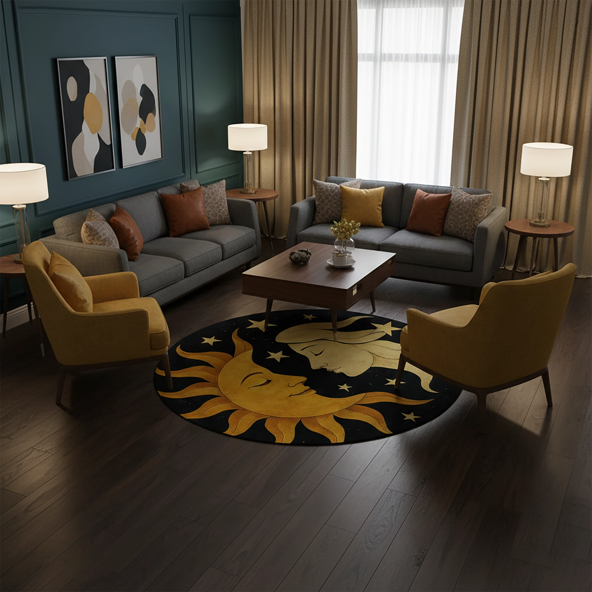 Altın renkli güneş profili ile açık tonlu ay yüzünün simetrik yerleşimiyle oluşturulan siyah zeminli yuvarlak dijital baskı halı, yıldız motifleri ve akıcı hatlarıyla mistik bir görsel derinlik sunar. Yüksek çözünürlüklü üretim sayesinde yüz hatları, ışık dokuları ve kontur sınırları keskin, yüzey dokusu pürüzsüz görünür. Salon, yatak odası, meditasyon köşesi ve konsept alanlarda tercih edilebilecek bu tasarım, FabricUp koleksiyonunun sanatsal parçalarındandır.
