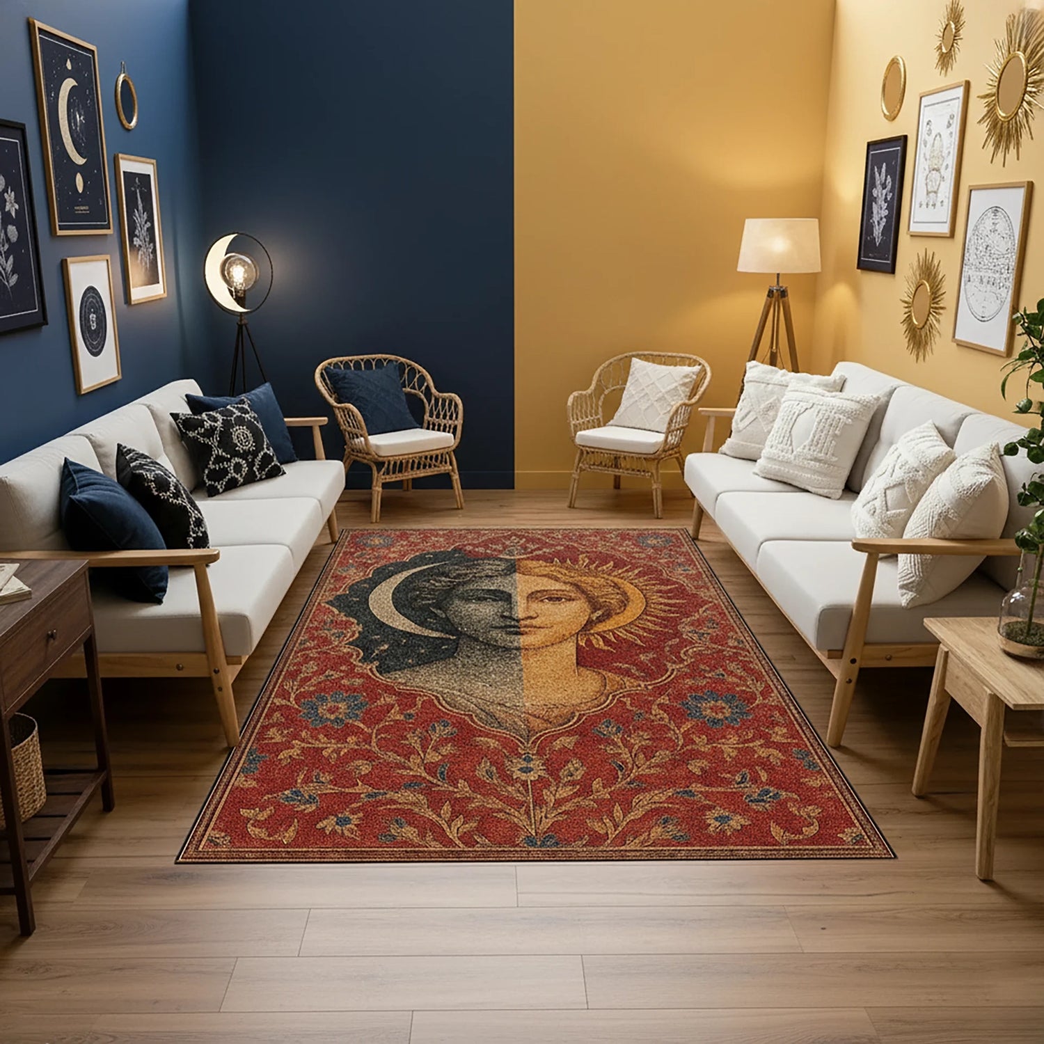 Kırmızı zemin üzerinde yarısı ay, yarısı güneş olarak tasarlanmış kadın yüzü figürü bulunan sanatsal halı; merkezde simetrik portre kompozisyonu, etrafında klasik floral ve bitkisel motifler, eskitme dokulu yüzey ve oriental desen karakteri.