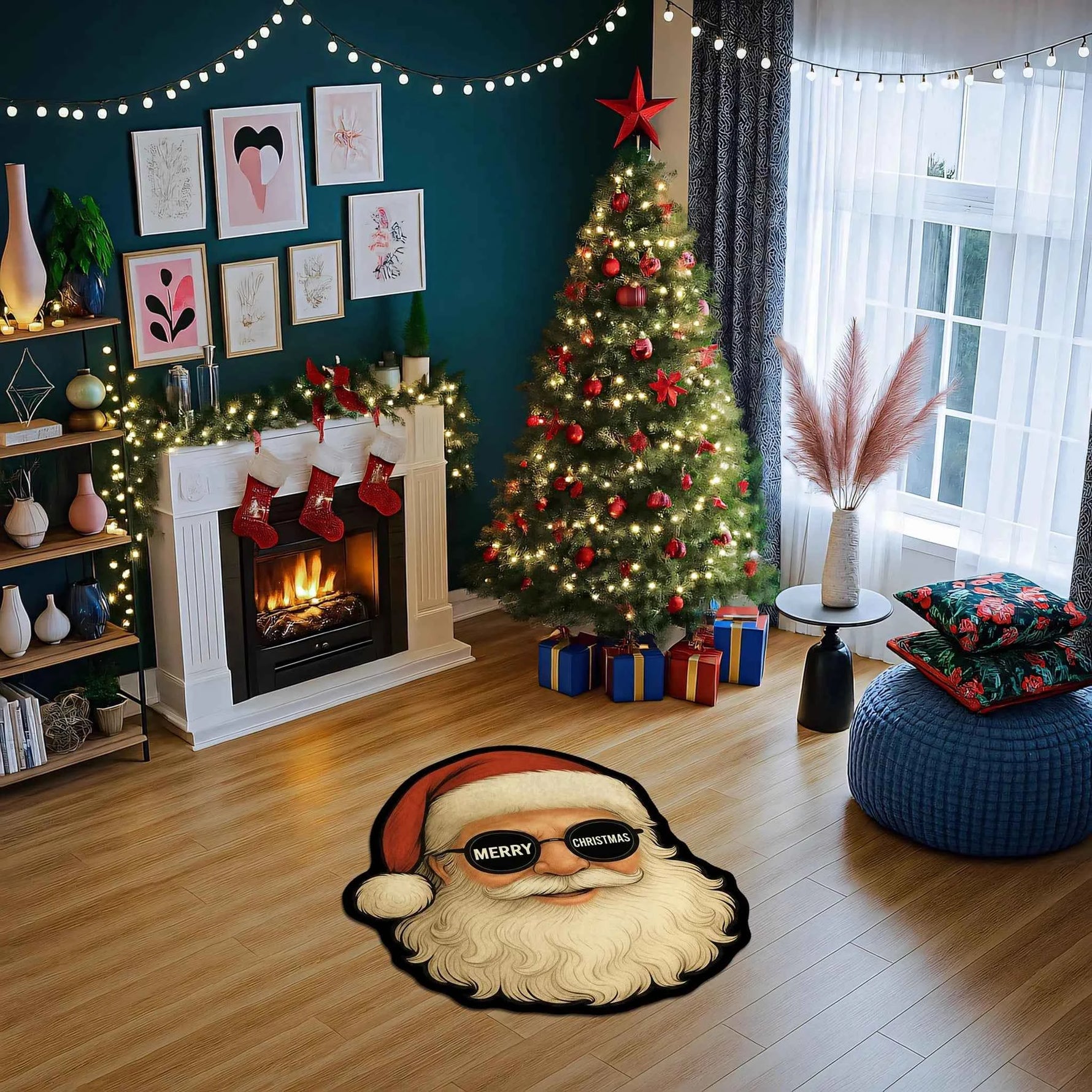 Gözlüklü ve "Merry Christmas" Yazılı Karizmatik Noel Baba Figürlü Halı