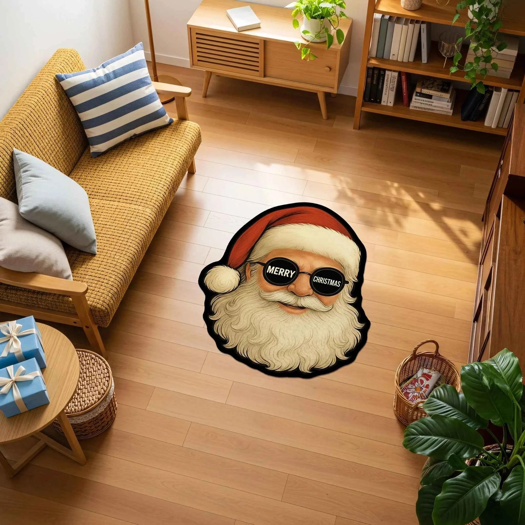 Gözlüklü ve "Merry Christmas" Yazılı Karizmatik Noel Baba Figürlü Halı