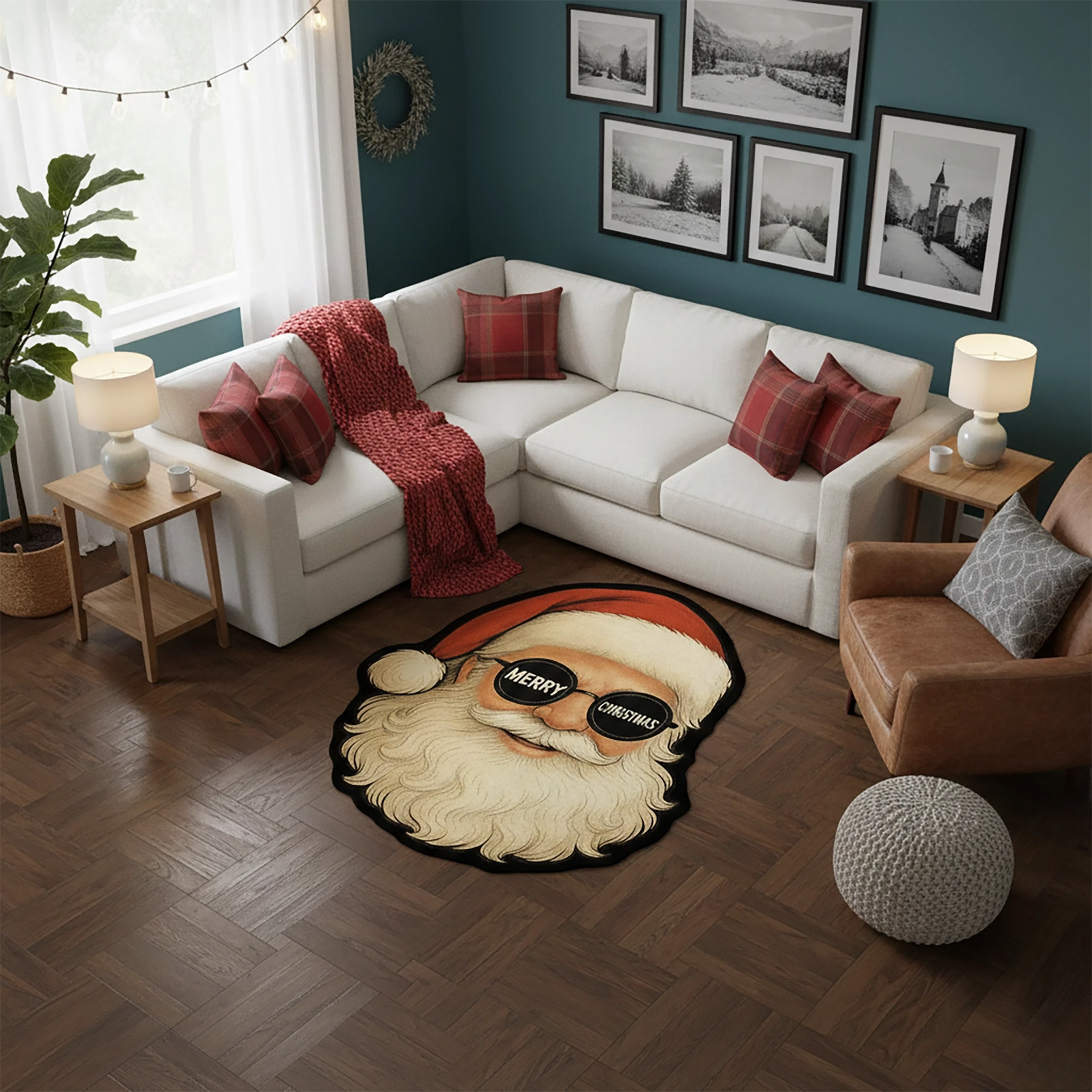 Gözlüklü ve "Merry Christmas" Yazılı Karizmatik Noel Baba Figürlü Halı