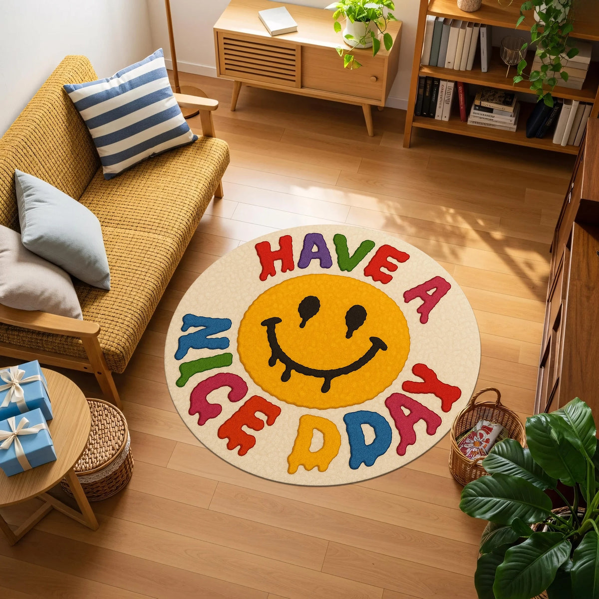 Yuvarlak formda, krem zemin üzerine ortada damlayan efektli sarı gülen yüz figürü ve çevresinde renkli harflerle “HAVE A NICE DAY” yazısı bulunan, pop art ve retro stilinde tasarlanmış, yüksek kontrastlı, tipografi ve emoji temalı dekoratif halı.
