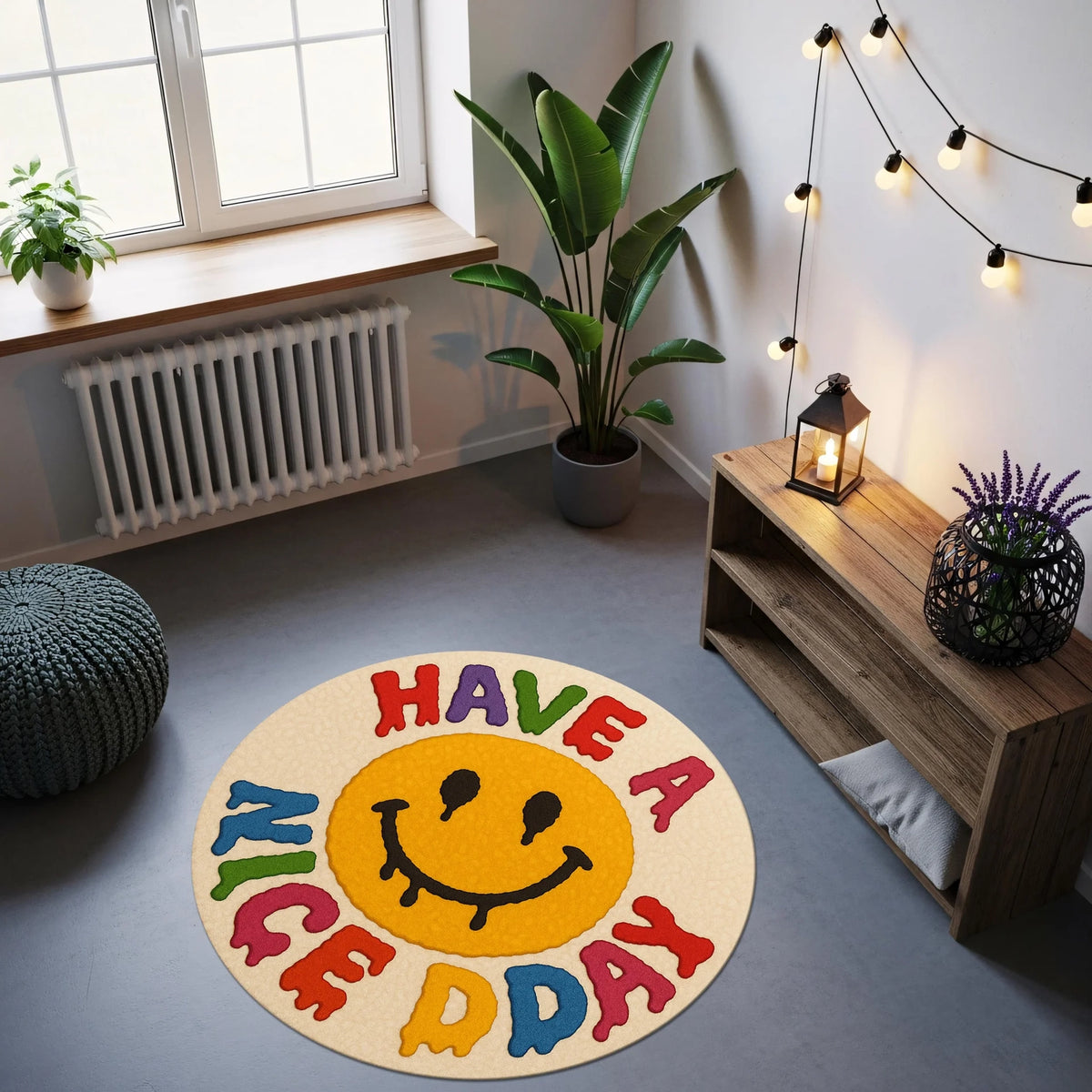 Ortası sarı smiley yüzlü, göz ve ağız kısmı akışkan boya damlama efektiyle tasarlanmış, çevresinde mavi, kırmızı, yeşil ve sarı tonlarda “HAVE A NICE DAY” yazısı yer alan, yuvarlak kesim, eğlenceli grafik halı tasarımı.
