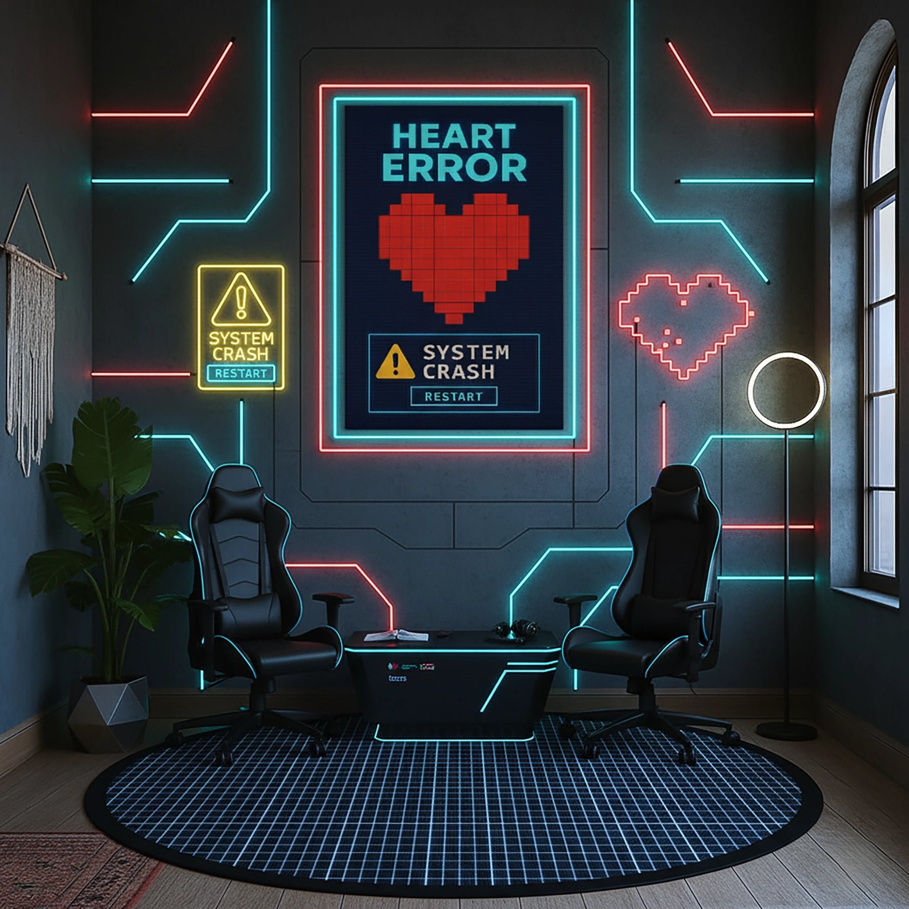 “Heart Error” yazısı ve piksel kalp grafiğiyle tasarlanan bu modern dijital sanat temalı çerçevesiz kanvas tablo, teknoloji, duygular ve pop kültürü bir araya getiren güçlü bir kompozisyon sunar. Koyu arka plan üzerindeki kırmızı piksel kalp ve sistem uyarı ikonları, yüksek çözünürlüklü baskı sayesinde net ve canlı görünür. Genç odası, oyun alanı ve modern ofis dekorasyonunda dikkat çekici bir atmosfer oluşturan bu tasarım FabricUp koleksiyonuna aittir.
