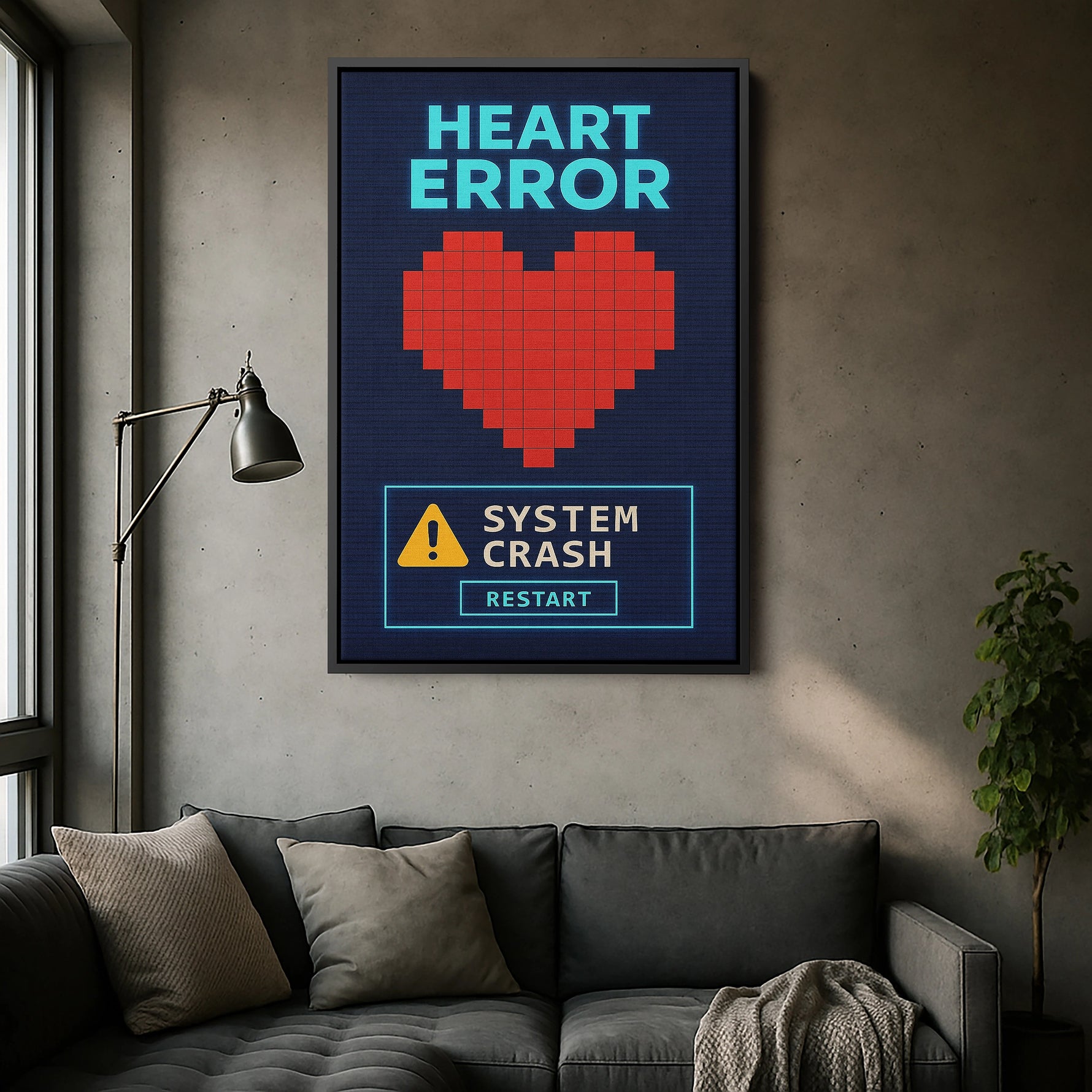 Siyah çerçeveyle sunulan “Heart Error – System Crash” temalı bu kanvas tablo, retro dijital estetik ve glitch sanatını duygusal bir anlatımla birleştirir. Piksel kalp simgesi ve uyarı ekranı detayları, koyu çerçevenin kontrastı sayesinde daha güçlü bir derinlik kazanır. Yüksek çözünürlüklü baskı kalitesiyle genç odası, stüdyo ve teknoloji temalı yaşam alanları için çarpıcı bir duvar sanatı sunar, FabricUp imzası taşır.