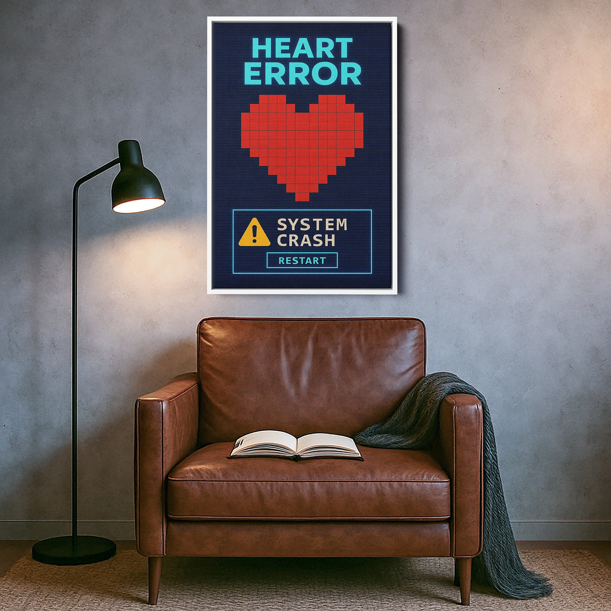 Beyaz çerçeveyle ferah bir sunum kazanan “Heart Error” yazılı piksel kalp tasarımı, dijital çağın duygusal anlatımını modern sanat diliyle yansıtan şık bir kanvas tablodur. Kırmızı kalp formu ve sistem uyarı ikonları, yüksek çözünürlüklü baskı sayesinde net ve kontrastlı görünür. Genç odaları, çalışma alanları ve modern salonlar için dinamik bir dekorasyon alternatifi sunan bu eser FabricUp koleksiyonundandır.
