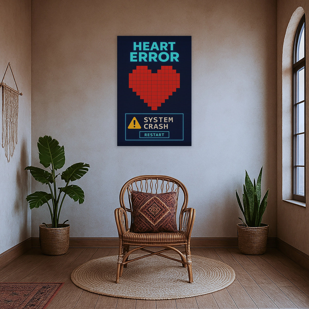 Retro bilgisayar arayüzünden ilham alan piksel kalp ve “System Crash” uyarı mesajı, bu çerçevesiz kanvas tabloda aşk ve teknoloji temasını çarpıcı bir görsellikle bir araya getirir. Koyu fon üzerindeki parlak kırmızı ve sarı detaylar, yüksek çözünürlüklü baskı ile netlik kazanarak mekanda güçlü bir odak noktası oluşturur. Oyun odaları, genç yaşam alanları ve yaratıcı stüdyolar için modern bir duvar sanatı sunan bu tasarım FabricUp kalitesiyle üretilmiştir.