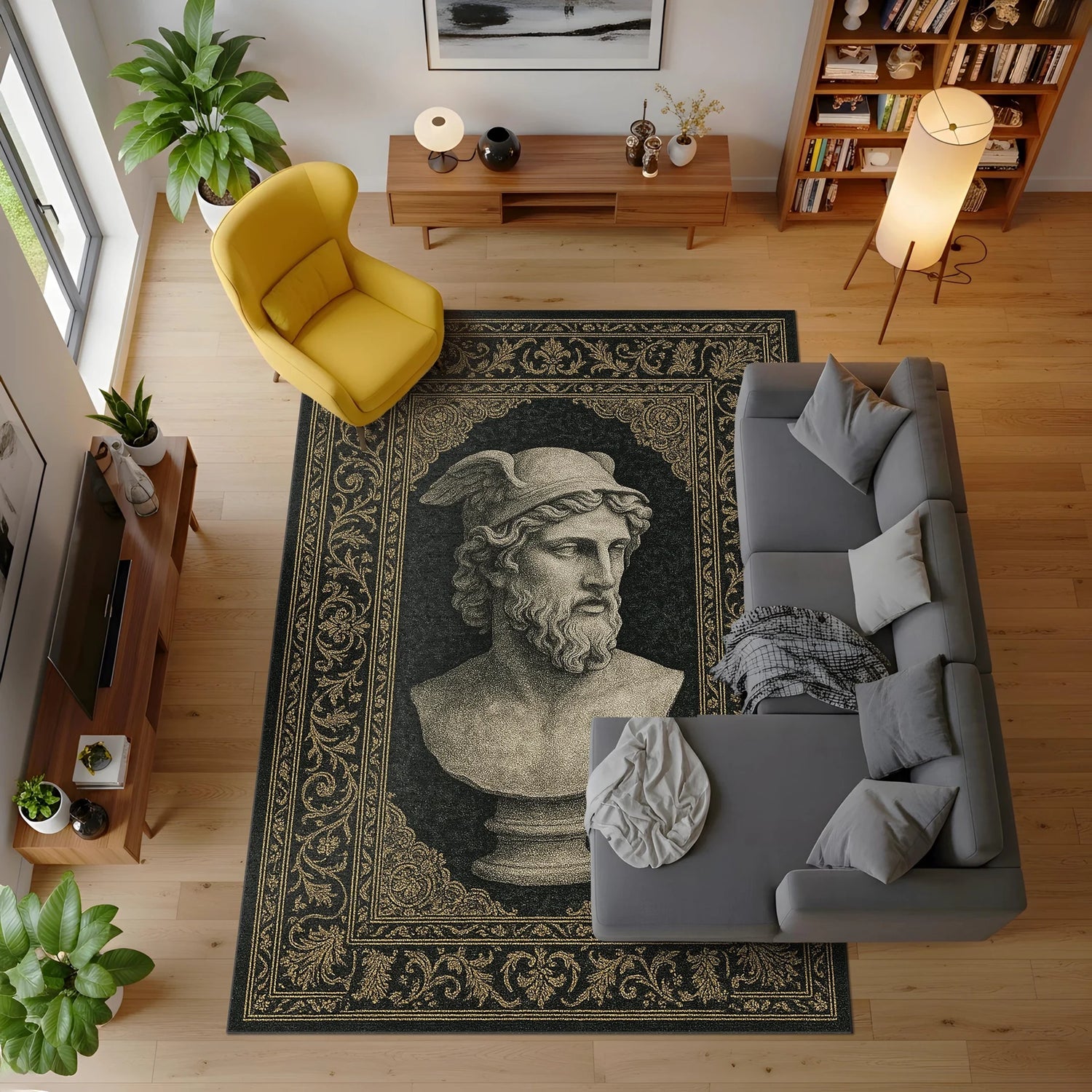 Koyu siyah zemin üzerinde merkezde antik Yunan-Roma estetiğinde sakallı erkek heykel büstü figürü bulunan sanatsal halı; mermer heykel dokusunu andıran yüz ve sakal detayları, etrafını saran altın tonlu klasik floral ve ornamental bordürlerle güçlü, zamansız bir kompozisyon.