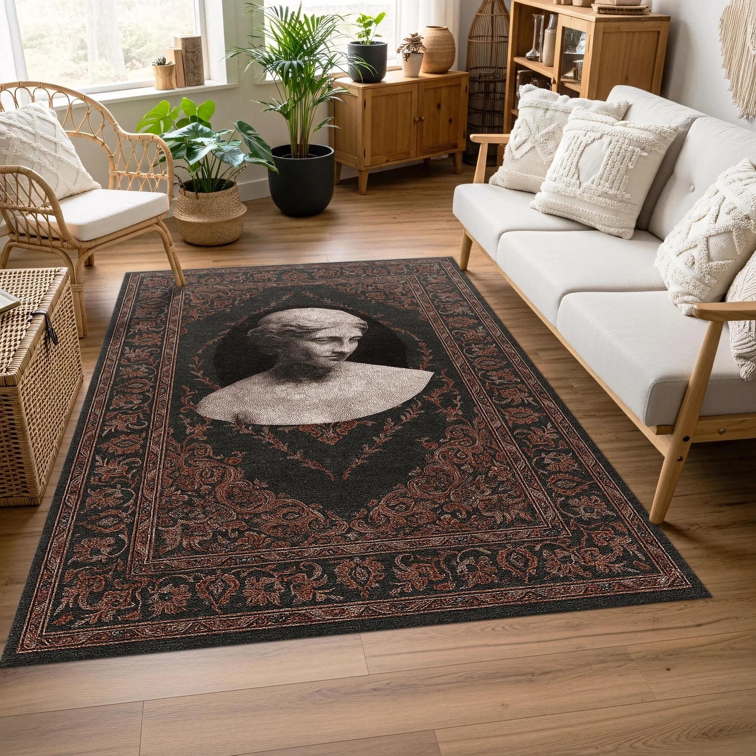 Merkez alanında yatay konumda betimlenmiş antik Yunan-Roma heykel portresi yer alan dekoratif halı; koyu renk paleti, eskitilmiş taş dokusu etkisi, simetrik bitkisel desenlerle çevrili zengin ve detaylı klasik çerçeve kompozisyonu.