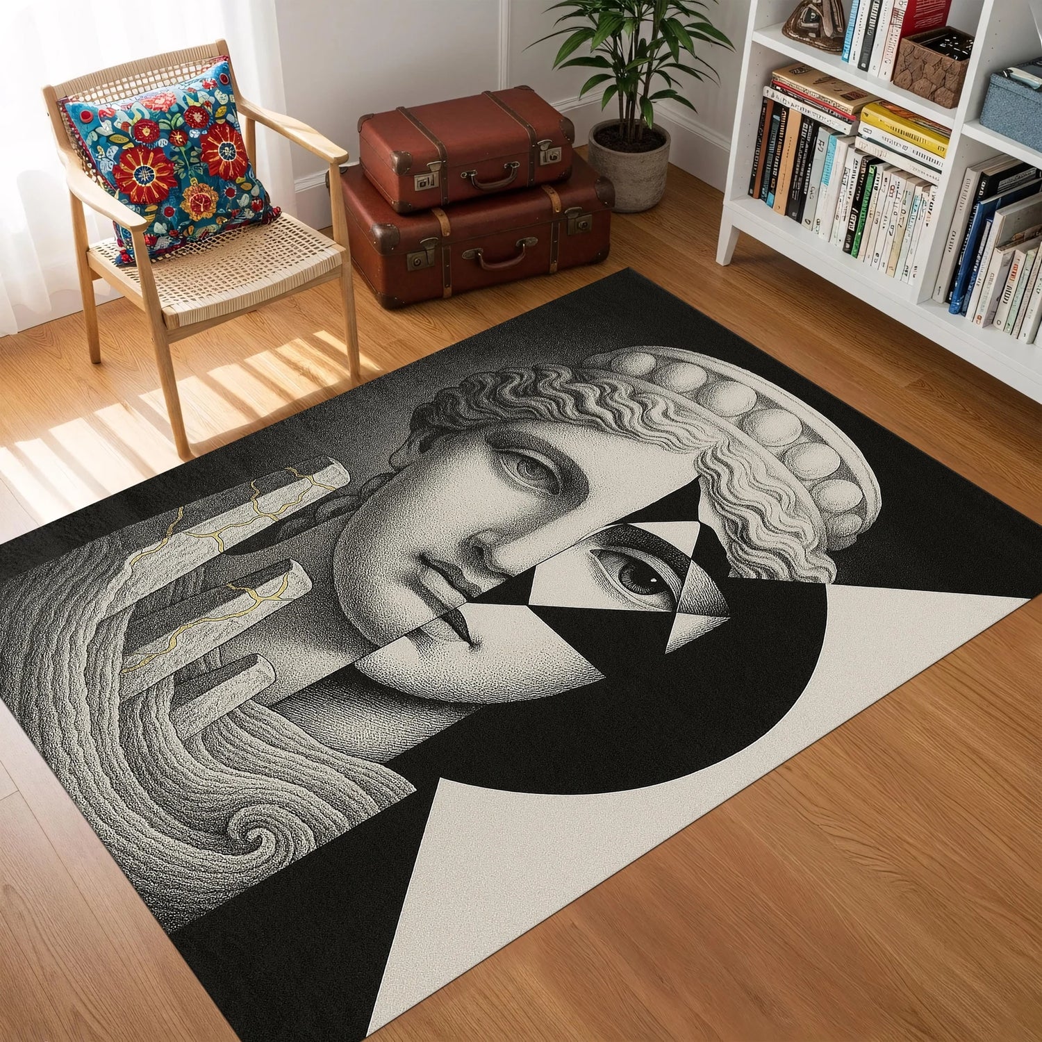 Soyut portre figürlü çağdaş halı, parçalanmış heykel yüz kompozisyonu, minimal siyah krem renk paleti, modern sanat ve geometri teması, sanatsal ve konsept iç mekanlar için tasarım halı
