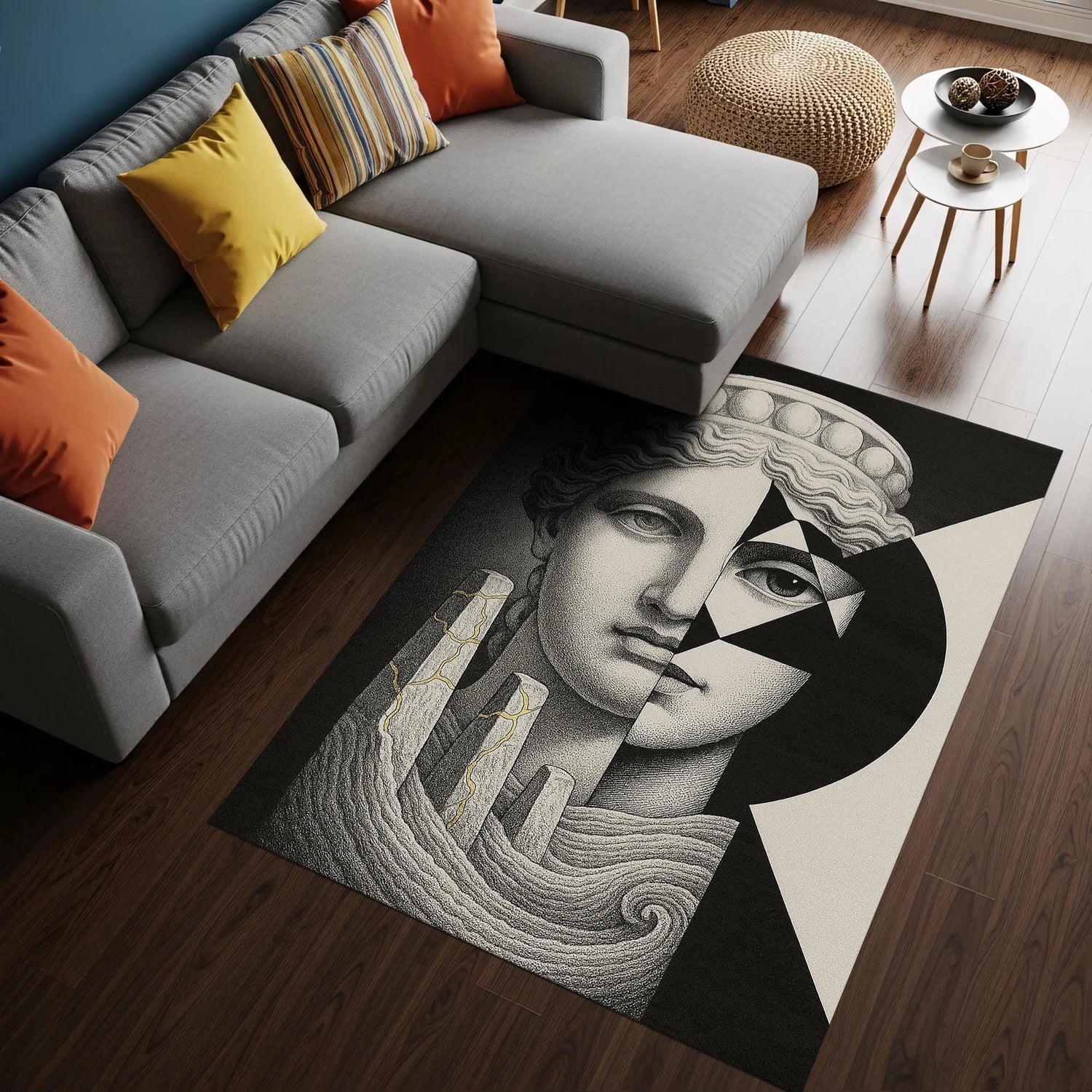 Antik heykel portresi temalı modern halı, geometrik kolaj yüz tasarımı, siyah beyaz kontrastlı soyut sanat stili, klasik Yunan heykel estetiği, kübist ve op art etkili dekoratif salon halısı
