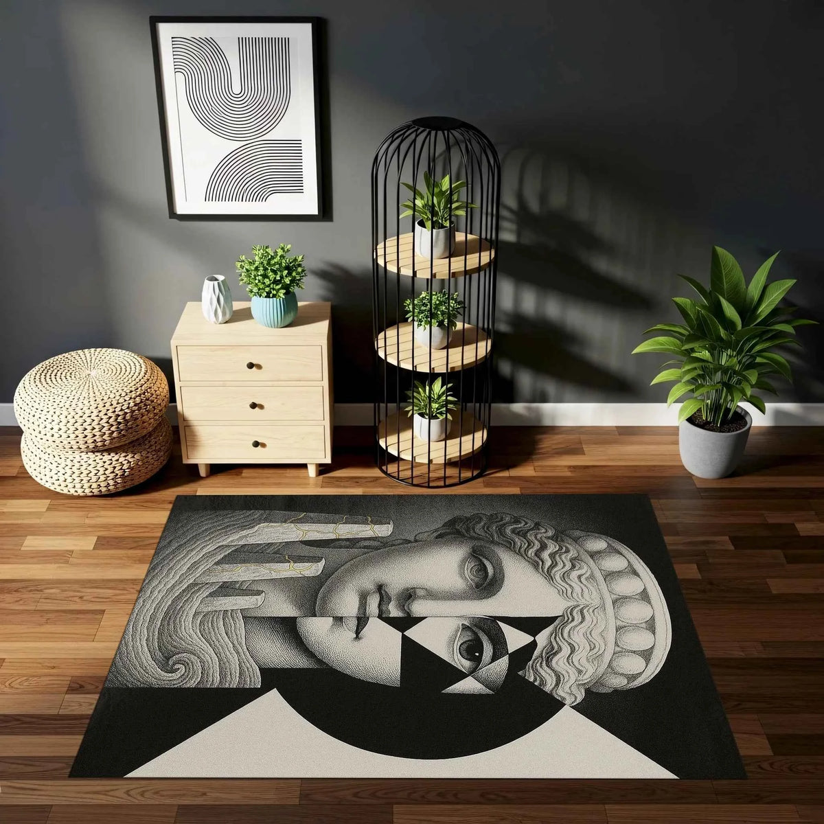 Antik Büst ve Geometrik Desenli Sanatsal Modern Halı
