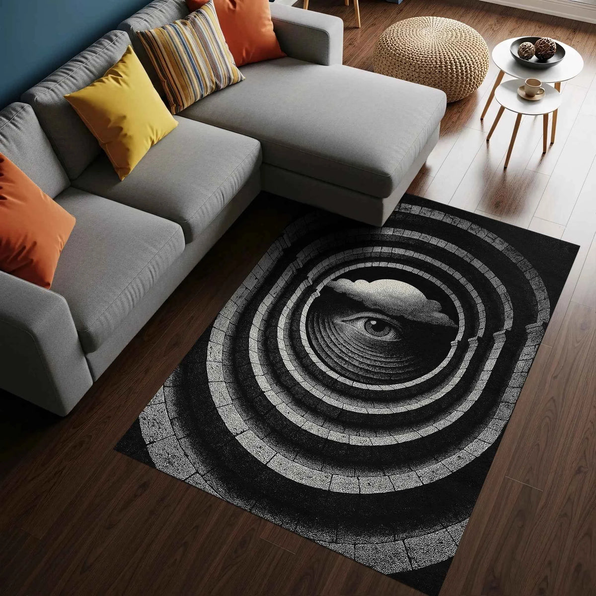 Siyah Beyaz Spiral Merdiven ve Göz Tasarımlı Artistik Halı