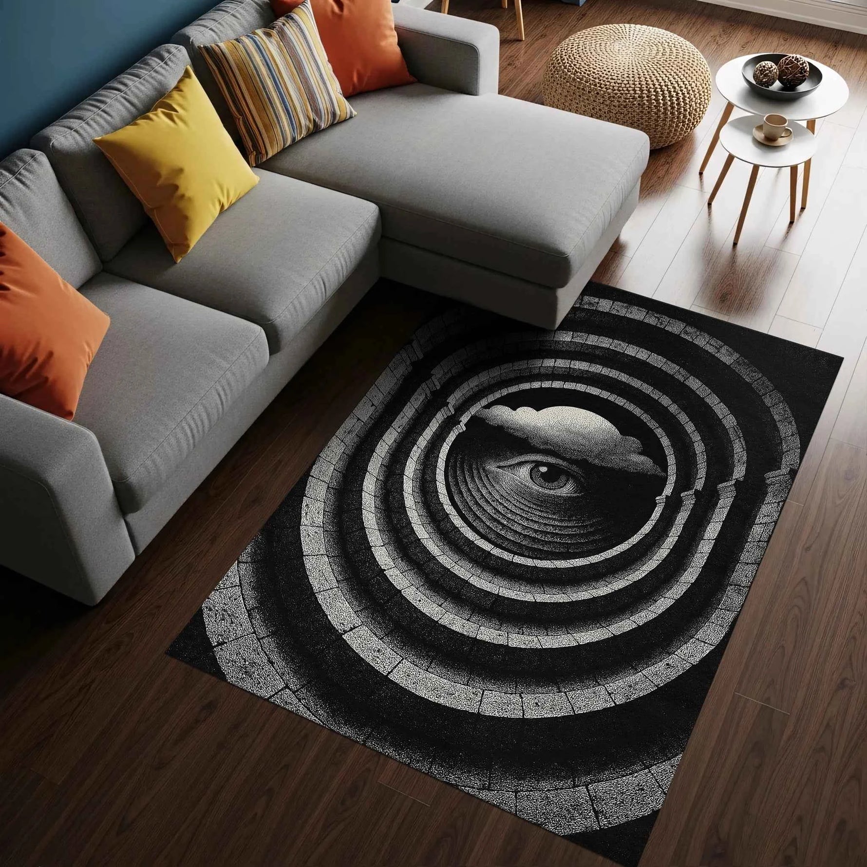 Siyah Beyaz Spiral Merdiven ve Göz Tasarımlı Artistik Halı