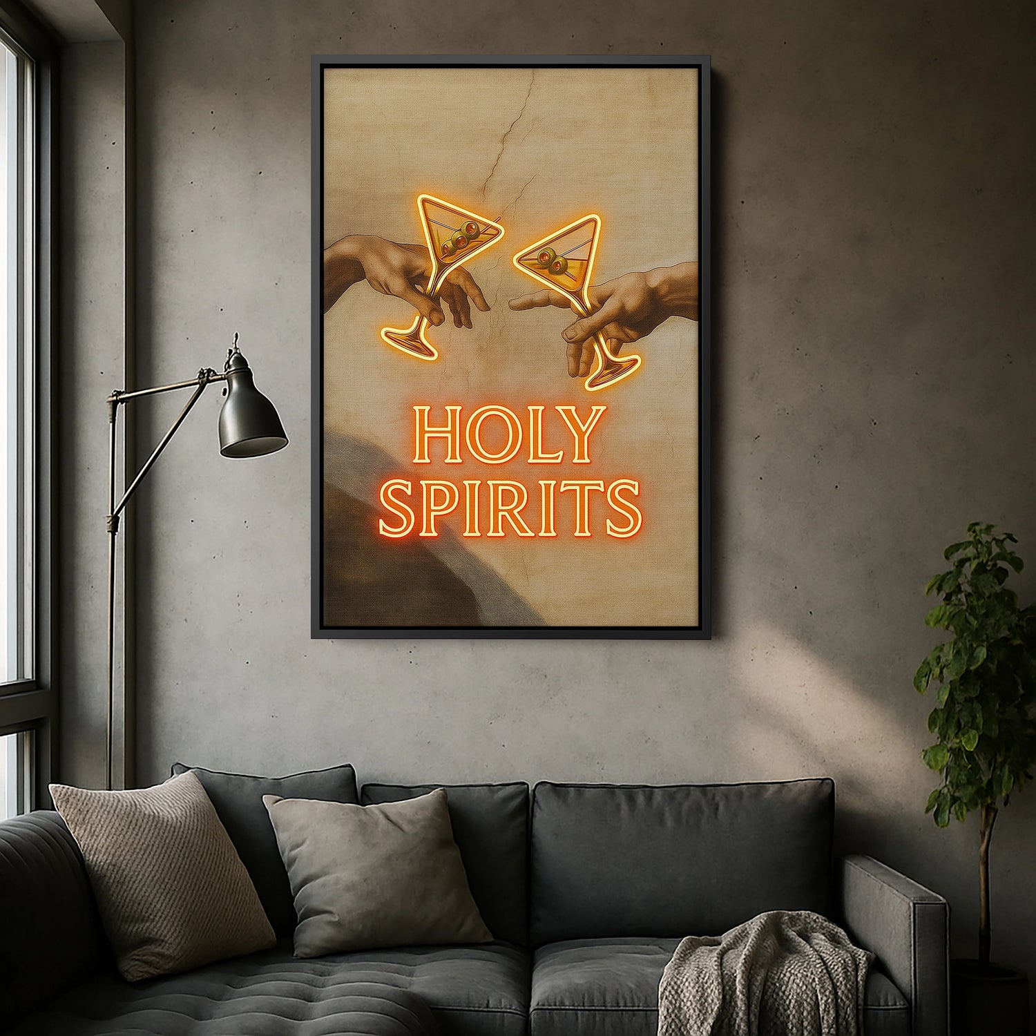 Siyah çerçeveli kanvas tablo, koyu zemin ve parlak neon kokteyl illüstrasyonlarıyla güçlü kontrast yaratan dekoratif duvar dekoru tasarımıdır. FabricUp dijital baskı teknolojisi ile üretilen yüksek çözünürlüklü baskı, net detaylar ve canlı renklerle modern kanvas tablo görünümü sağlar.