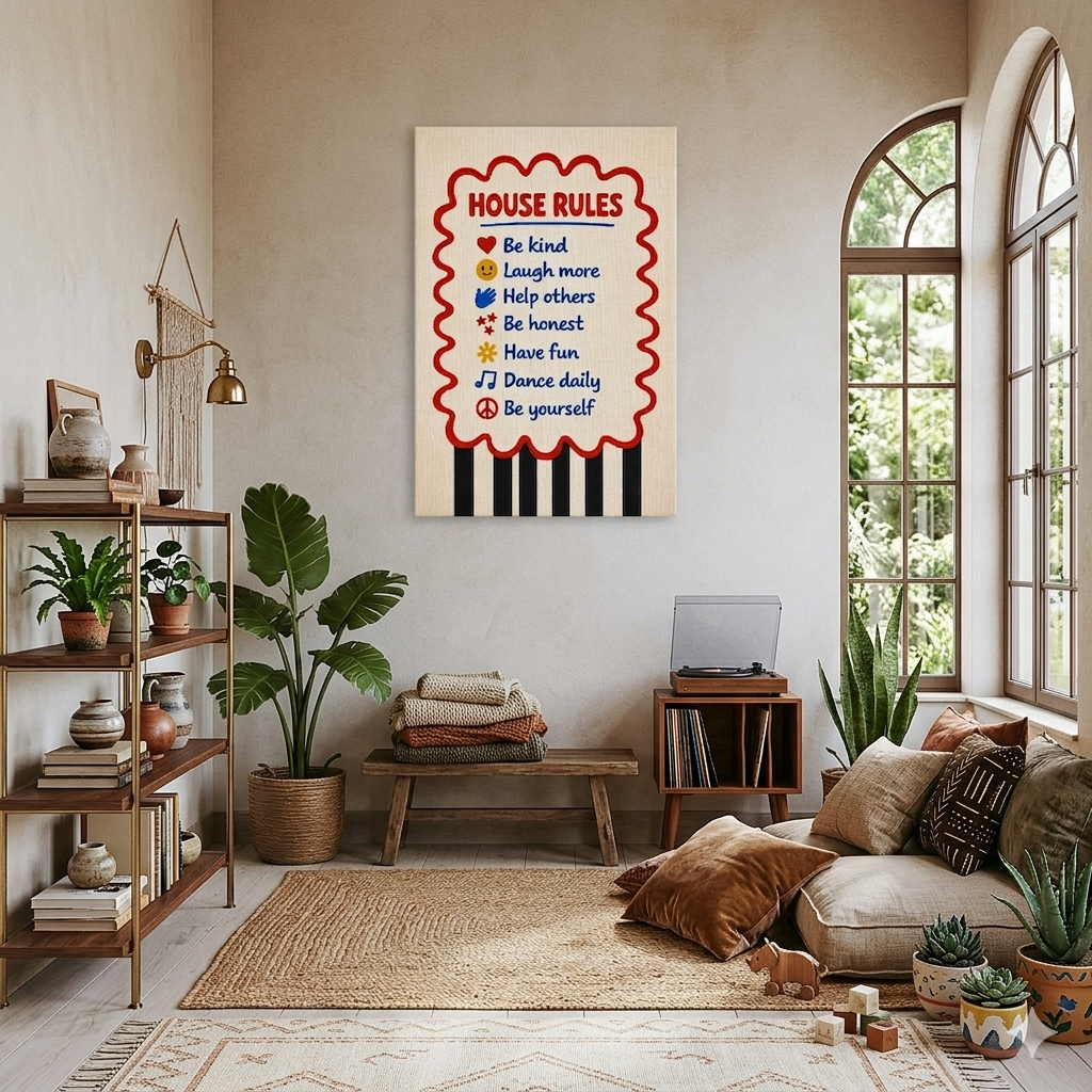 Ev Kuralları Kanvas Tablo - House Rules Groovy Tipografi Kanvas Tablo