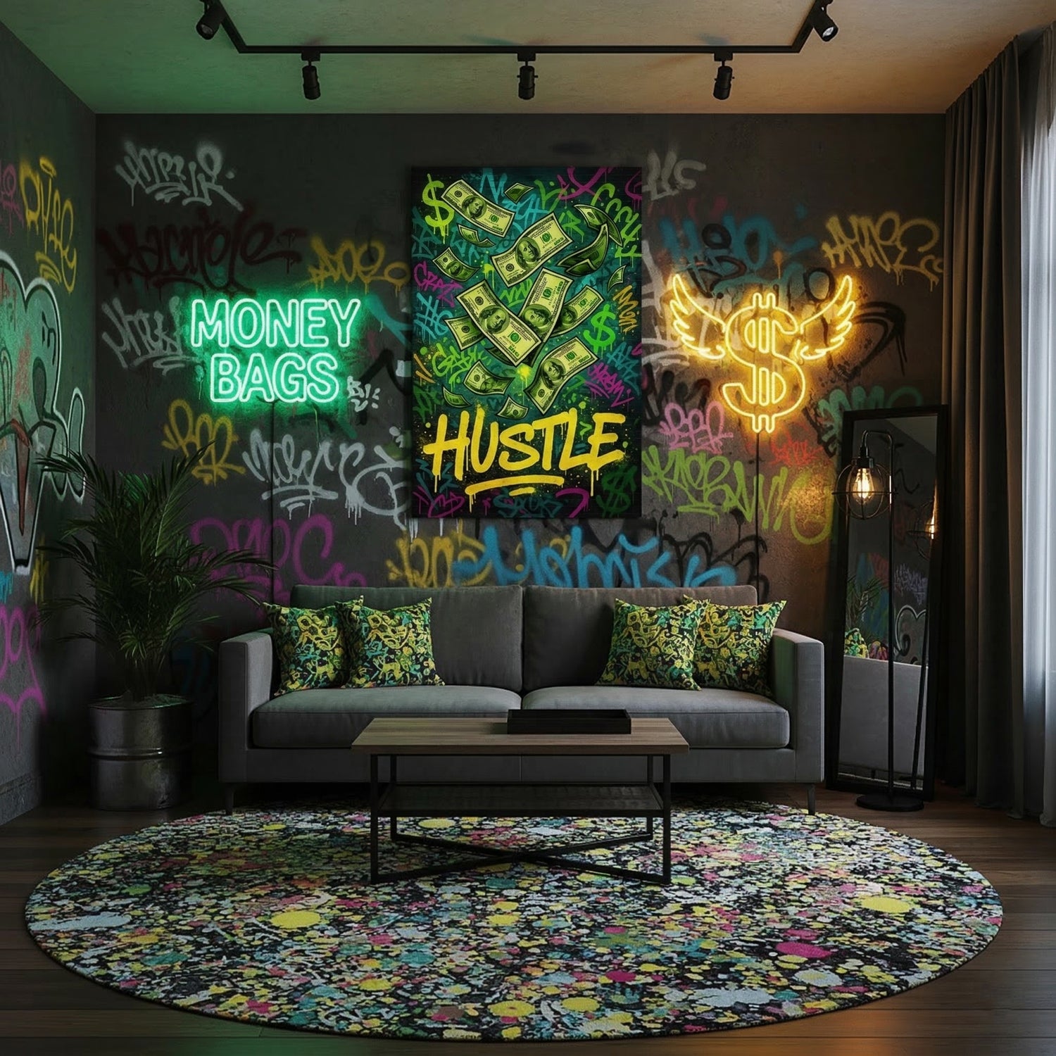 Graffiti tarzı tipografi ve uçuşan dolar banknotlarıyla tasarlanmış “Hustle” temalı bu çerçevesiz kanvas tablo, sokak sanatı ve girişimcilik ruhunu modern dekorasyona taşır. Canlı yeşil, sarı ve siyah renk kontrastı, yüksek çözünürlüklü baskı kalitesiyle net ve dinamik görünür. Ofis, genç odası ve motivasyon köşeleri için güçlü bir görsel odak oluşturan bu sanatsal kompozisyon, enerjik atmosferiyle FabricUp koleksiyonunun dikkat çeken parçalarındandır.
