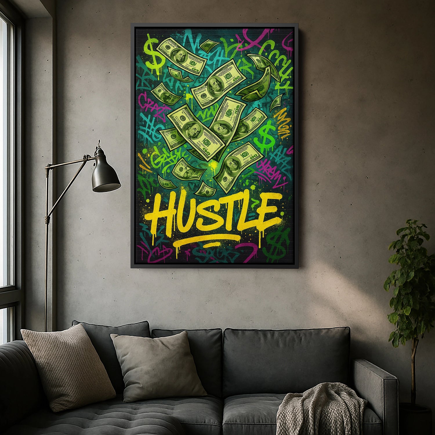 Siyah çerçeveyle sunulan, dolar illüstrasyonları ve graffiti stilinde “Hustle” yazısı içeren bu kanvas tablo, para, başarı ve sokak kültürü temasını çarpıcı bir kontrastla vurgular. Koyu çerçeve, renklerin parlaklığını öne çıkarırken yüksek çözünürlüklü baskı dokusu detayları net şekilde yansıtır. Ofis, stüdyo ve genç yaşam alanlarında motive edici bir atmosfer yaratan bu modern tasarım FabricUp imzası taşır.

