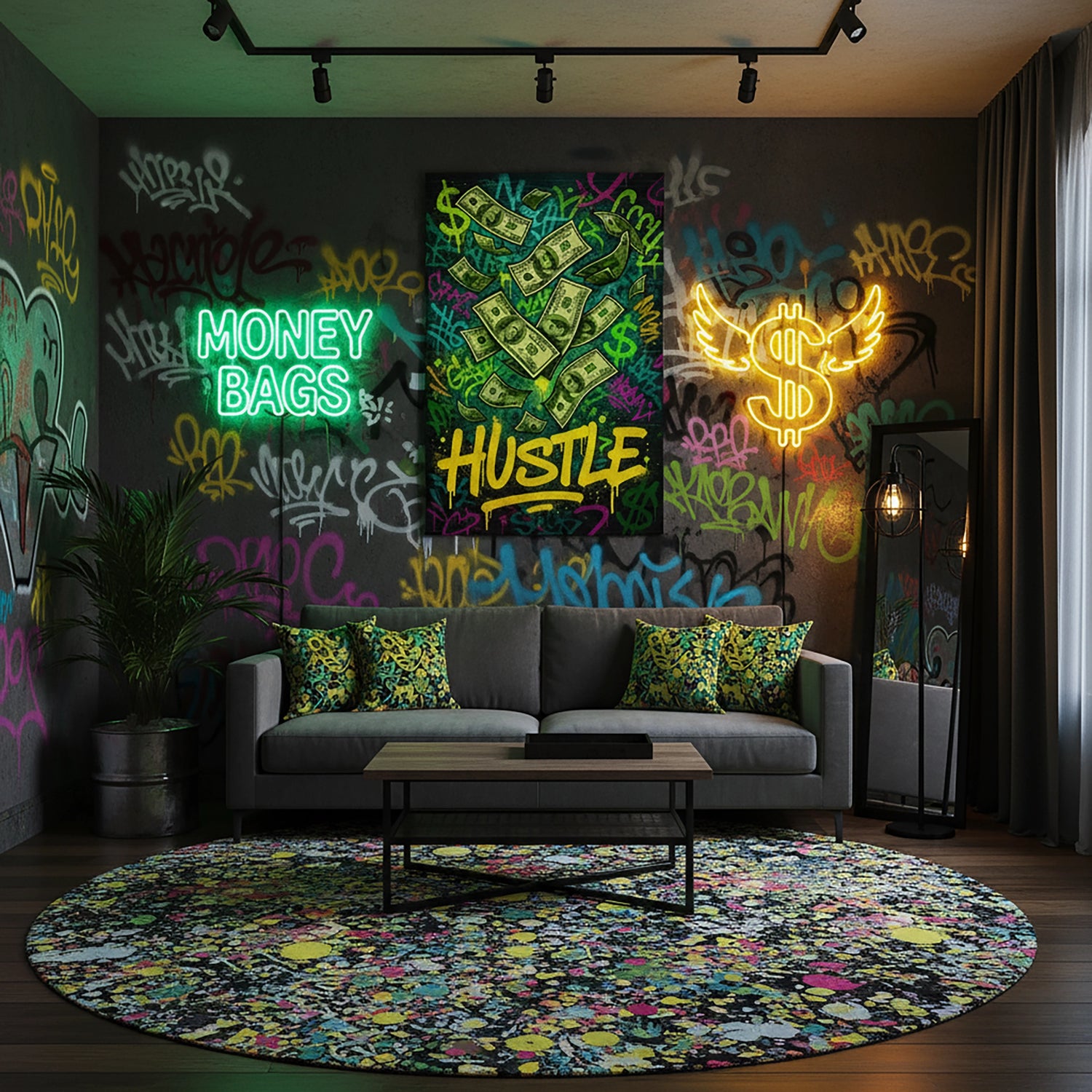 Graffiti tarzı tipografi ve uçuşan dolar banknotlarıyla tasarlanmış “Hustle” temalı bu çerçevesiz kanvas tablo, sokak sanatı ve girişimcilik ruhunu modern dekorasyona taşır. Canlı yeşil, sarı ve siyah renk kontrastı, yüksek çözünürlüklü baskı kalitesiyle net ve dinamik görünür. Ofis, genç odası ve motivasyon köşeleri için güçlü bir görsel odak oluşturan bu sanatsal kompozisyon, enerjik atmosferiyle FabricUp koleksiyonunun dikkat çeken parçalarındandır.
