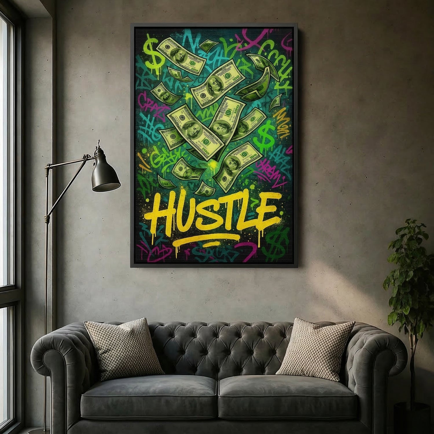 Siyah çerçeveyle sunulan, dolar illüstrasyonları ve graffiti stilinde “Hustle” yazısı içeren bu kanvas tablo, para, başarı ve sokak kültürü temasını çarpıcı bir kontrastla vurgular. Koyu çerçeve, renklerin parlaklığını öne çıkarırken yüksek çözünürlüklü baskı dokusu detayları net şekilde yansıtır. Ofis, stüdyo ve genç yaşam alanlarında motive edici bir atmosfer yaratan bu modern tasarım FabricUp imzası taşır.
