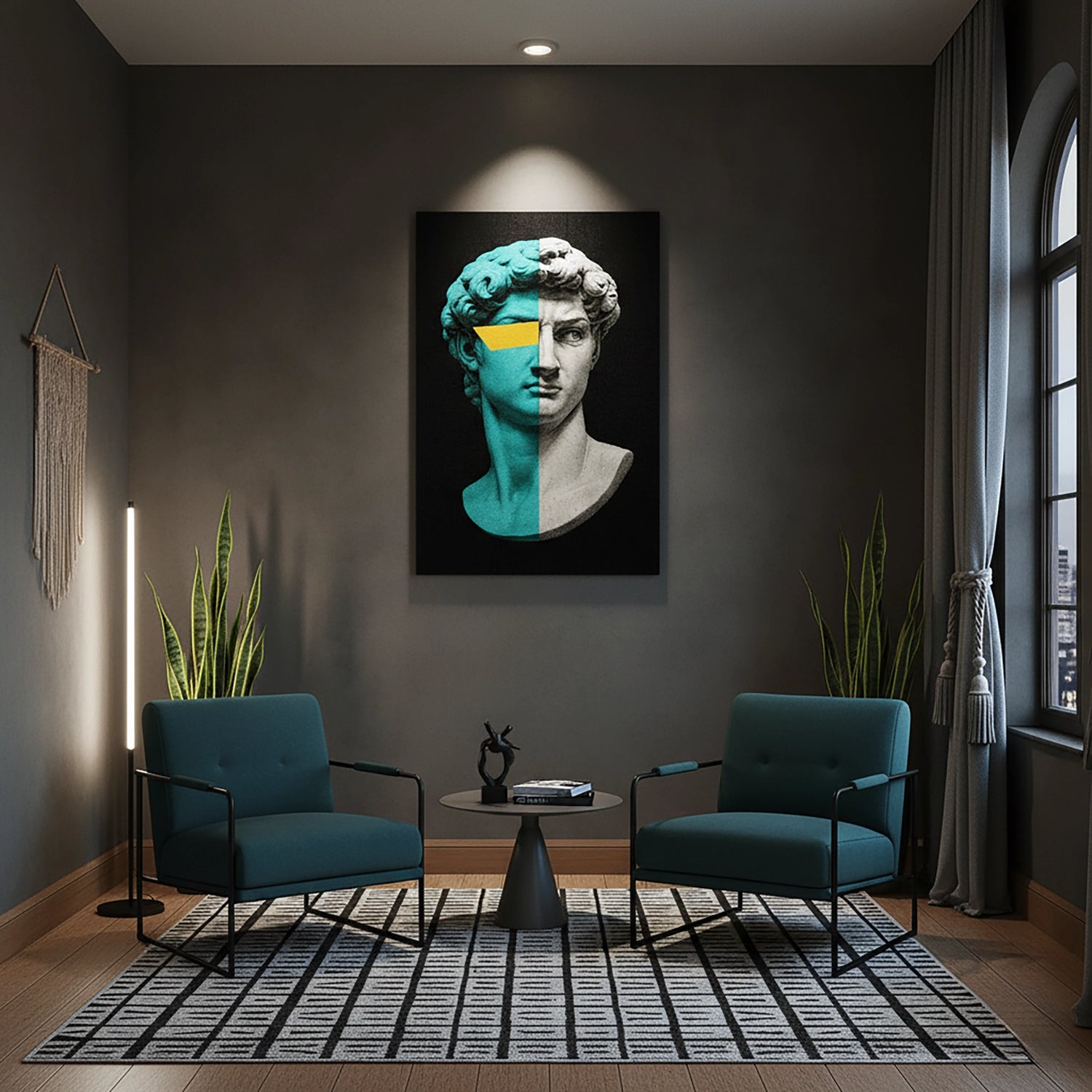 Turkuaz renk dokunuşları ve sarı geometrik maske detayıyla modernize edilmiş klasik heykel portresi, çerçevesiz kanvas tablo olarak çağdaş sanat ve pop art estetiğini birleştirir. Yüksek çözünürlüklü baskı kalitesi, net yüz hatları ve güçlü renk kontrastıyla salon, ofis ve stüdyo dekorasyonunda dikkat çekici bir odak noktası oluşturur. Minimalist kompozisyonu ve sanatsal atmosferiyle FabricUp koleksiyonuna ait şık bir duvar sanatıdır.