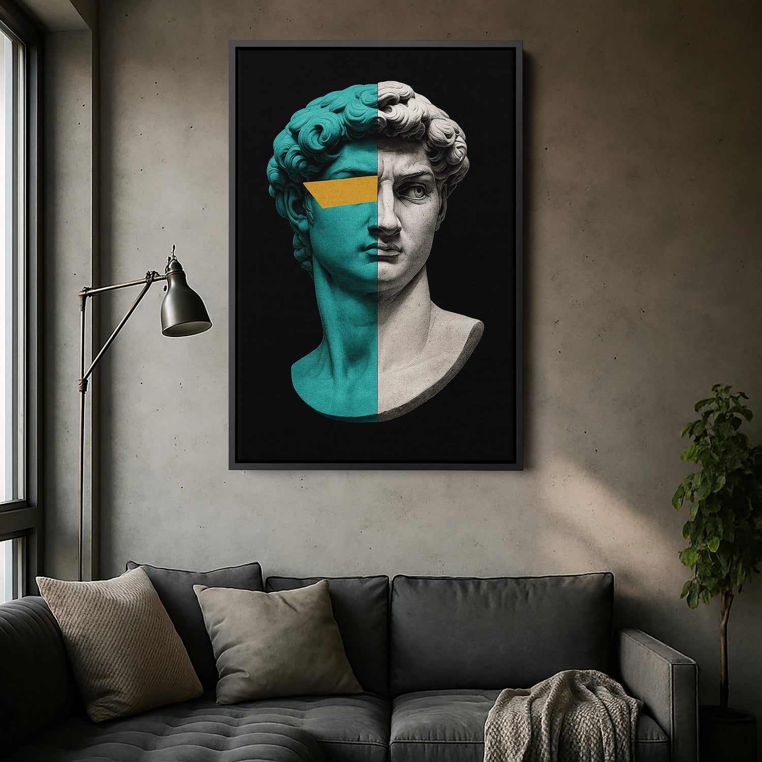 Siyah çerçeveyle sunulan, turkuaz tonlarla boyanmış klasik heykel yüzü ve sarı geometrik detay içeren modern pop art kanvas tablo, koyu çerçevenin sağladığı derinlik sayesinde kompozisyonu daha güçlü kılar. Yüksek çözünürlüklü baskı dokusu ve keskin renk geçişleriyle salon, ofis ve galeri tarzı mekanlarda sofistike bir atmosfer yaratır. Sanat ve tasarımı bir araya getiren bu özel çalışma FabricUp imzası taşır.