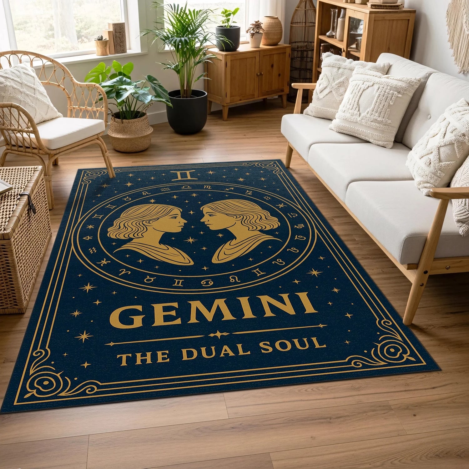 Merkezde karşılıklı iki figürden oluşan Gemini burcu illüstrasyonu, çevresinde burç sembolleri ve yıldızlarla çerçevelenmiş lacivert zeminli dekoratif halı; altın renkli çizgisel grafikler, mistik ve astrolojik tasarım dili.