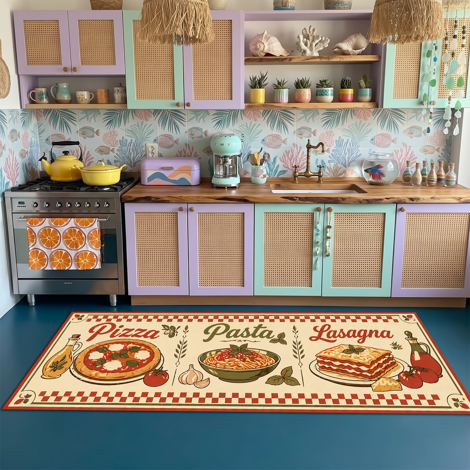 İtalyan Mutfak Halısı – Pizza Pasta Lazanya Desenli Halı