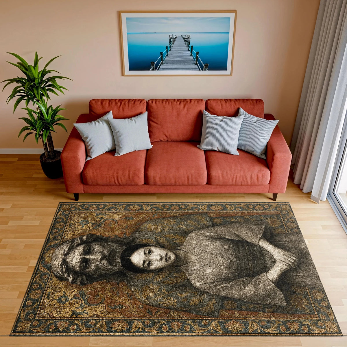 Sepya ve altın tonlarında işlenmiş Mona Lisa portresi, klasik Rönesans sanat teması, antik tablo estetiği, detaylı yüz figürü ve dekoratif bordür motifleriyle tasarlanmış bu sanatsal halı, vintage, klasik ve müze tarzı dekorasyon için güçlü bir görsel sunar.
