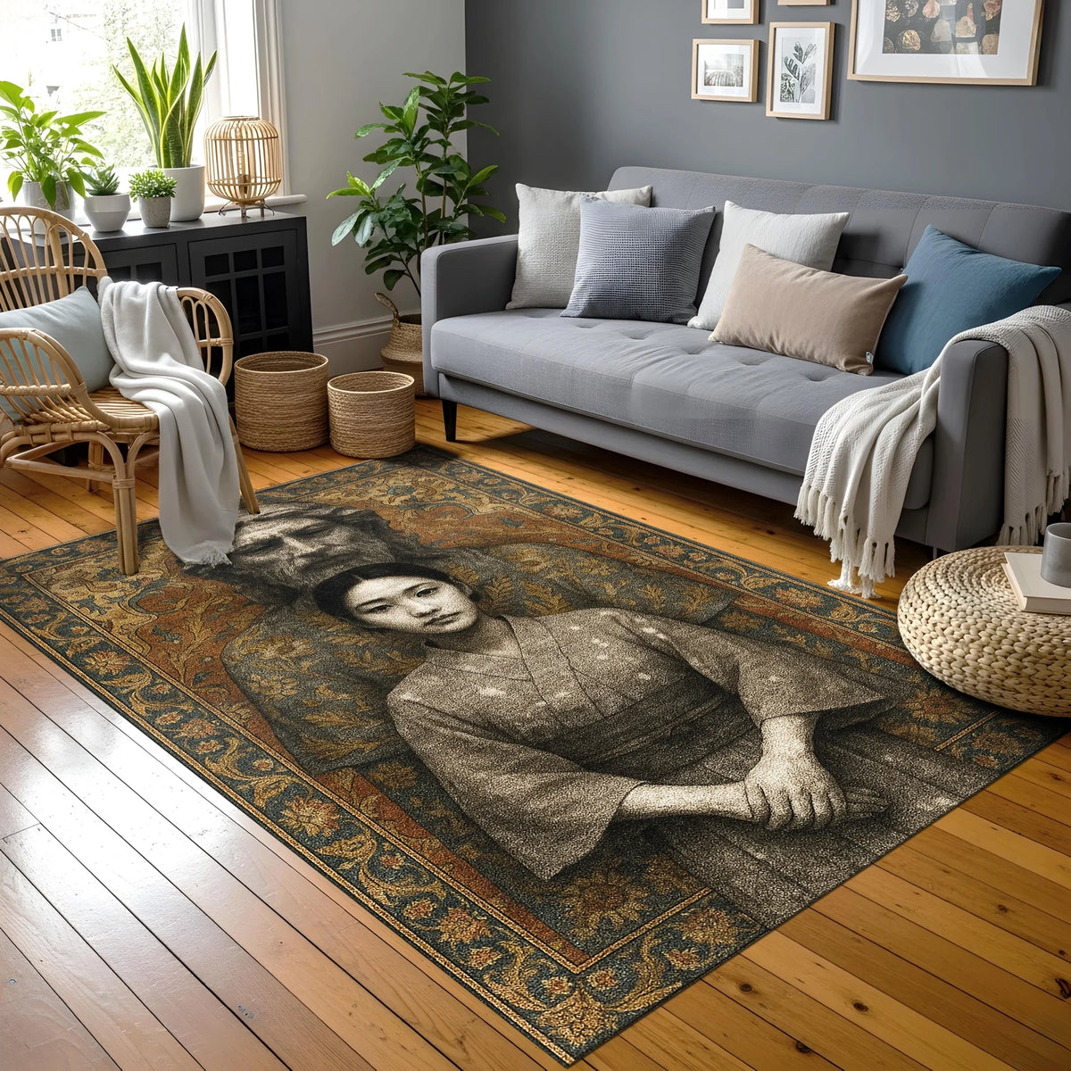 Rönesans dönemi portre sanatını yansıtan Mona Lisa figürü, altın kahve renk paleti ve klasik bordür süslemeleriyle tasarlanan bu halı, sanatsal, vintage, barok ve klasik dekorasyon stilleri için ikonik bir parça sunar.
