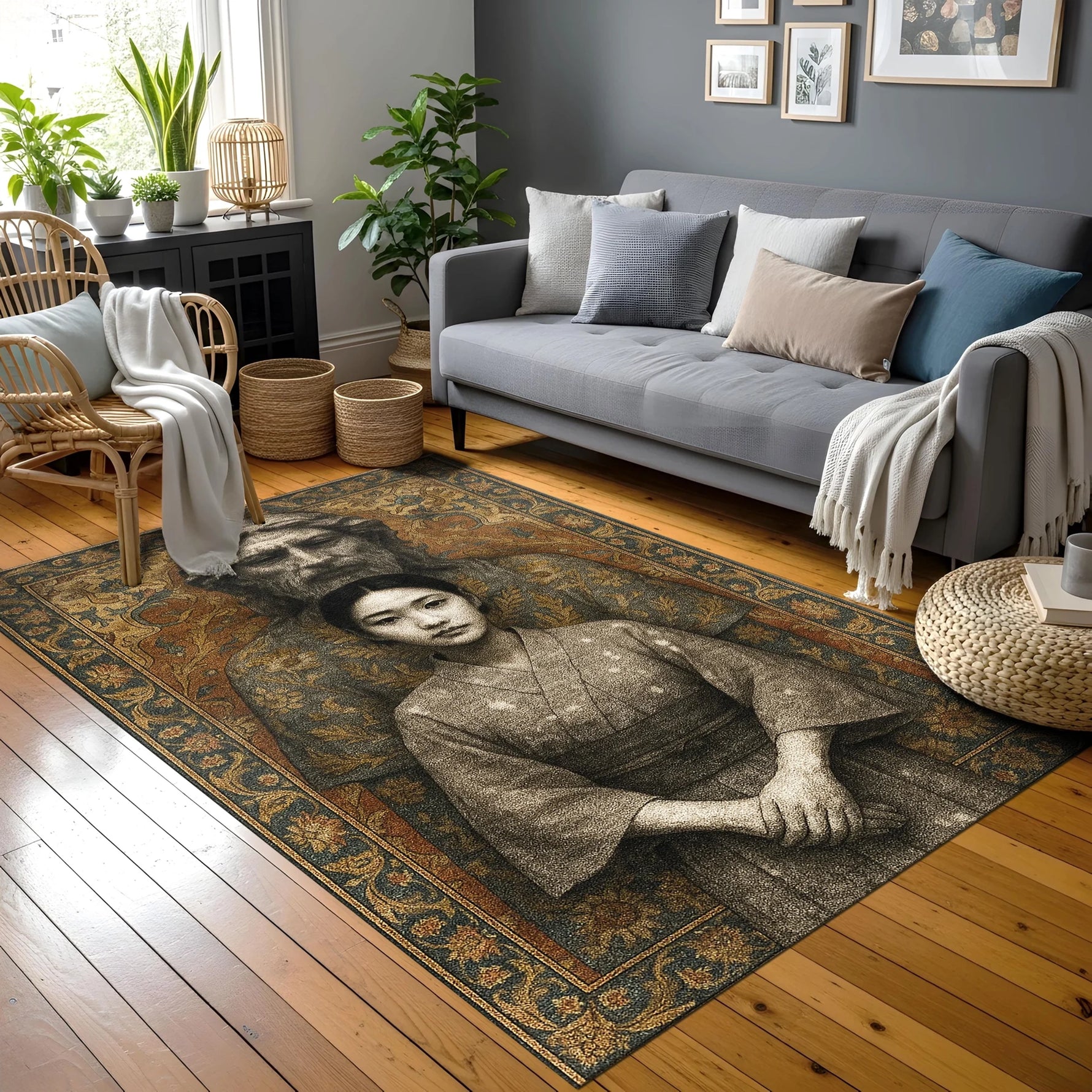 Rönesans dönemi portre sanatını yansıtan Mona Lisa figürü, altın kahve renk paleti ve klasik bordür süslemeleriyle tasarlanan bu halı, sanatsal, vintage, barok ve klasik dekorasyon stilleri için ikonik bir parça sunar.
