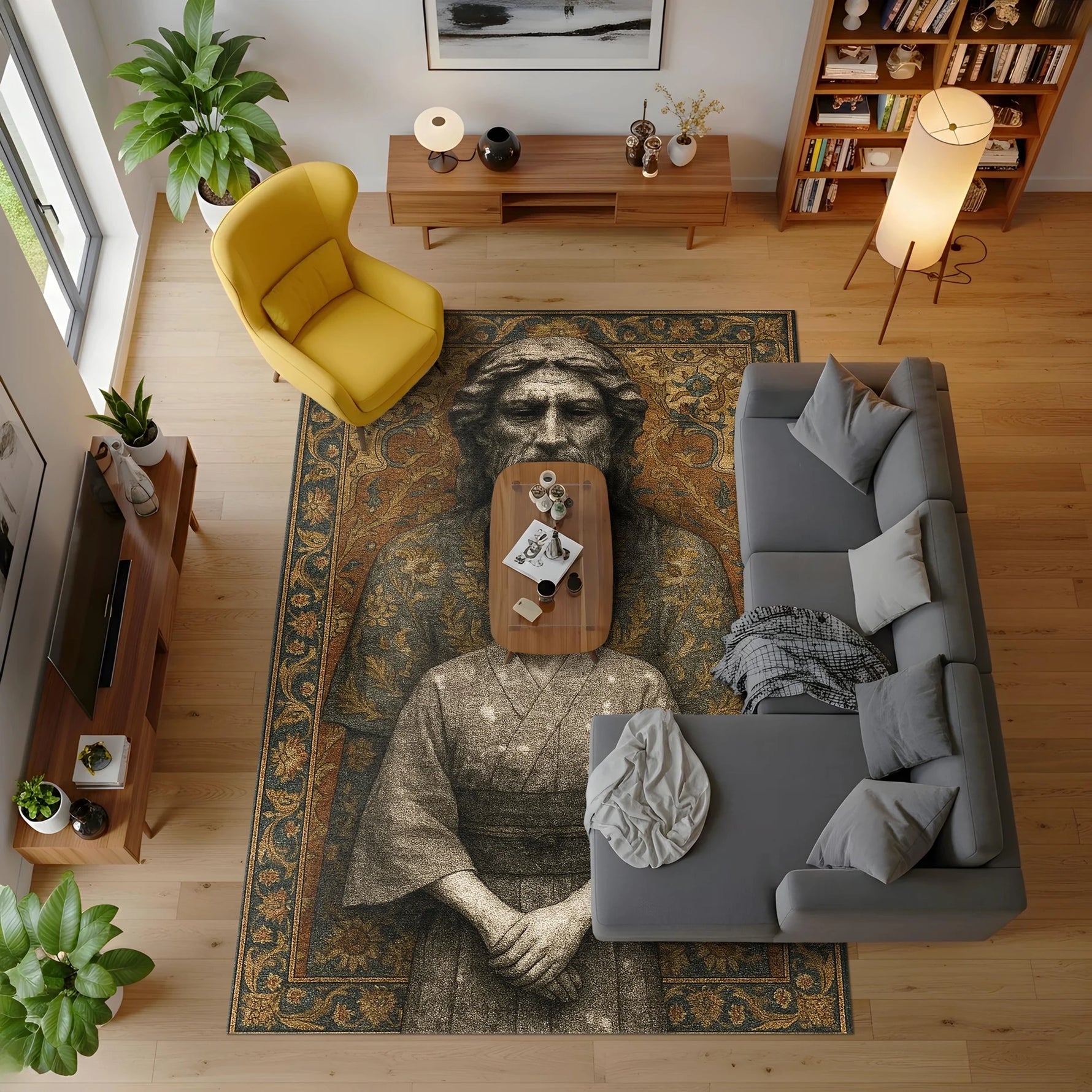 Detaylı yüz ifadesi, yumuşak sepya tonlar ve antik tablo dokusuyla hazırlanan bu Mona Lisa temalı halı, klasik sanat, müze estetiği, tarihsel portre ve zamansız tasarım anlayışını güçlü biçimde yansıtır.
