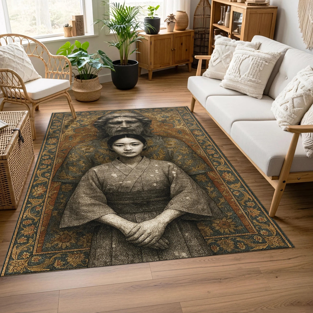 Ünlü Mona Lisa portresini merkezine alan bu sanatsal halı, Rönesans stil, klasik yağlı boya efekti, dekoratif çerçeve desenleri ve vintage renk geçişleriyle kültürel ve sofistike bir zemin kompozisyonu sunar.
