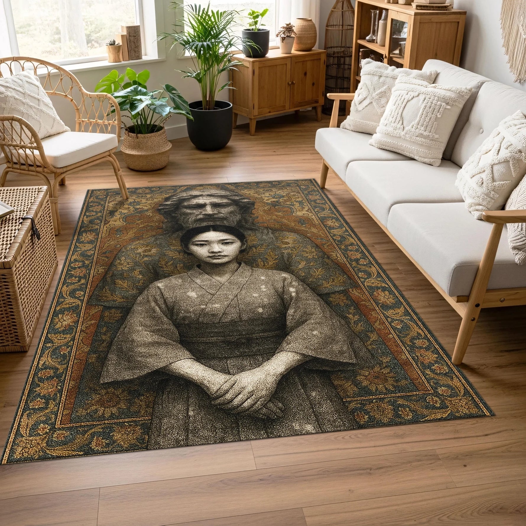 Ünlü Mona Lisa portresini merkezine alan bu sanatsal halı, Rönesans stil, klasik yağlı boya efekti, dekoratif çerçeve desenleri ve vintage renk geçişleriyle kültürel ve sofistike bir zemin kompozisyonu sunar.
