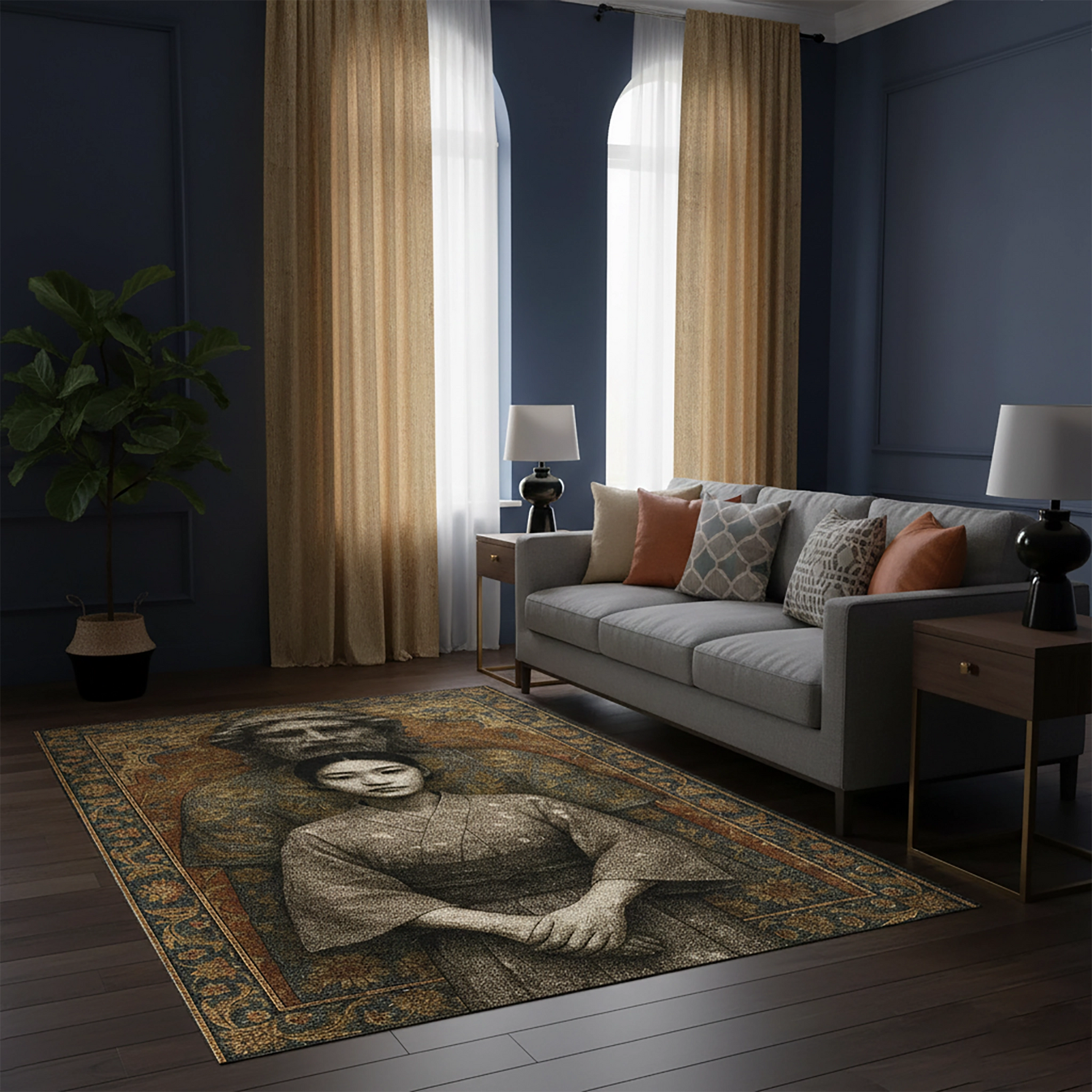 Sepya ve altın tonlarında işlenmiş Mona Lisa portresi, klasik Rönesans sanat teması, antik tablo estetiği, detaylı yüz figürü ve dekoratif bordür motifleriyle tasarlanmış bu sanatsal halı, vintage, klasik ve müze tarzı dekorasyon için güçlü bir görsel sunar.
