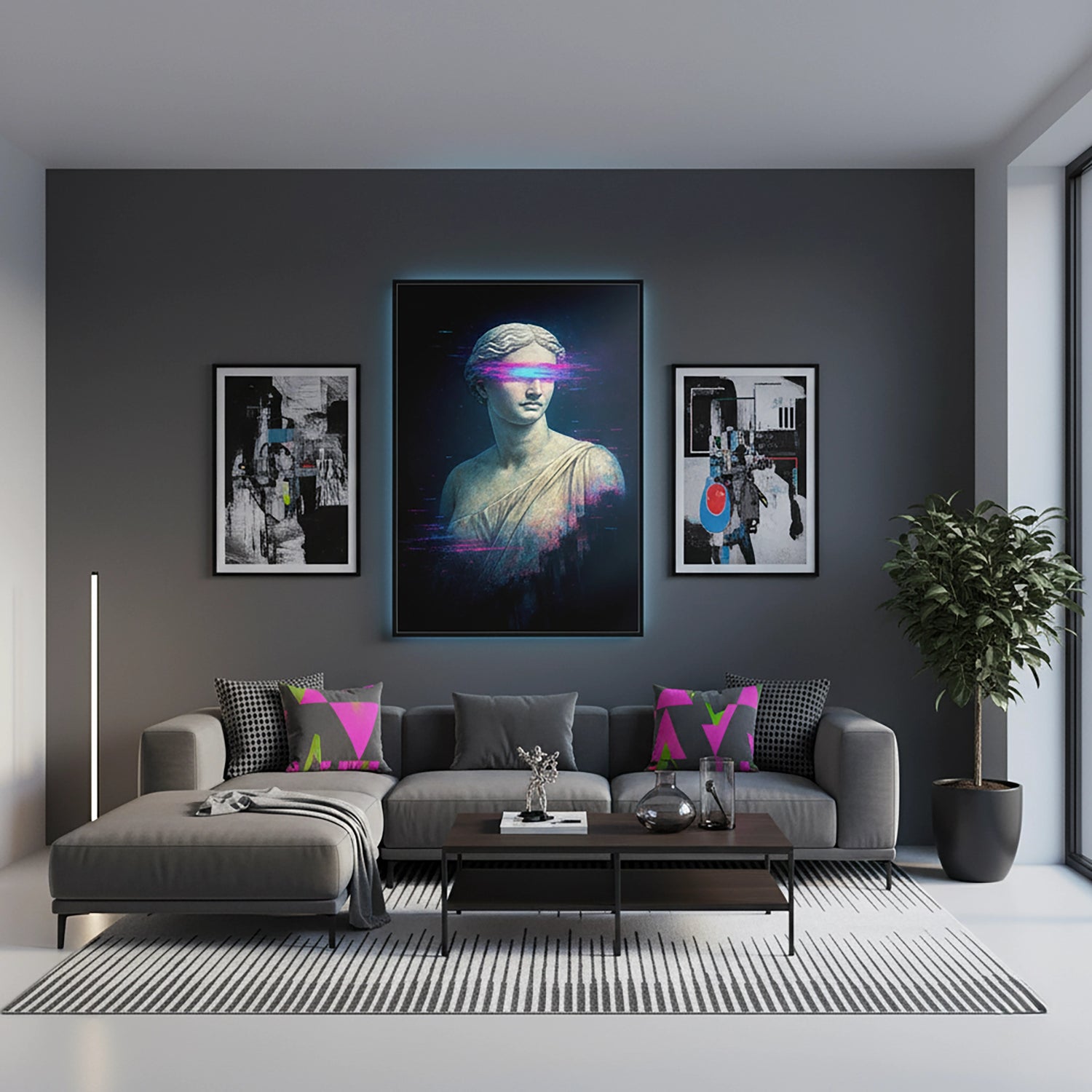 Klasik mermer heykel büstü ve neon glitch efektli göz bandıyla tasarlanan çerçevesiz kanvas tablo, antik sanat ile cyberpunk estetiğini birleştirir. Koyu arka plan ve parlak mor mavi ışıklar yüksek çözünürlüklü baskıyla öne çıkar, modern salonlar için FabricUp tasarımıdır.