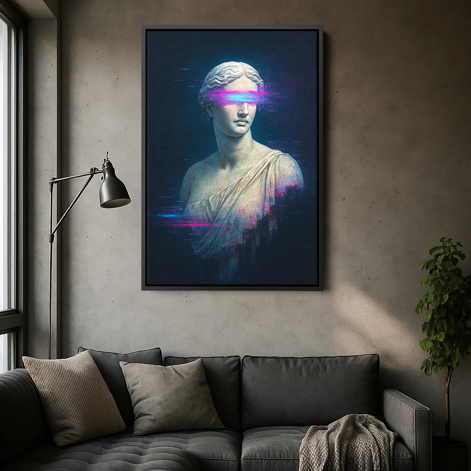 Siyah çerçeveli neon glitch detaylı heykel portresi kanvas tablo, koyu çerçeve kontrastıyla dijital ışık efektlerini daha dramatik gösterir. Mermer dokular ve renk geçişleri net baskıyla belirginleşir, gaming odası ve ofis dekorasyonu için çarpıcı bir FabricUp ürünü sunar.