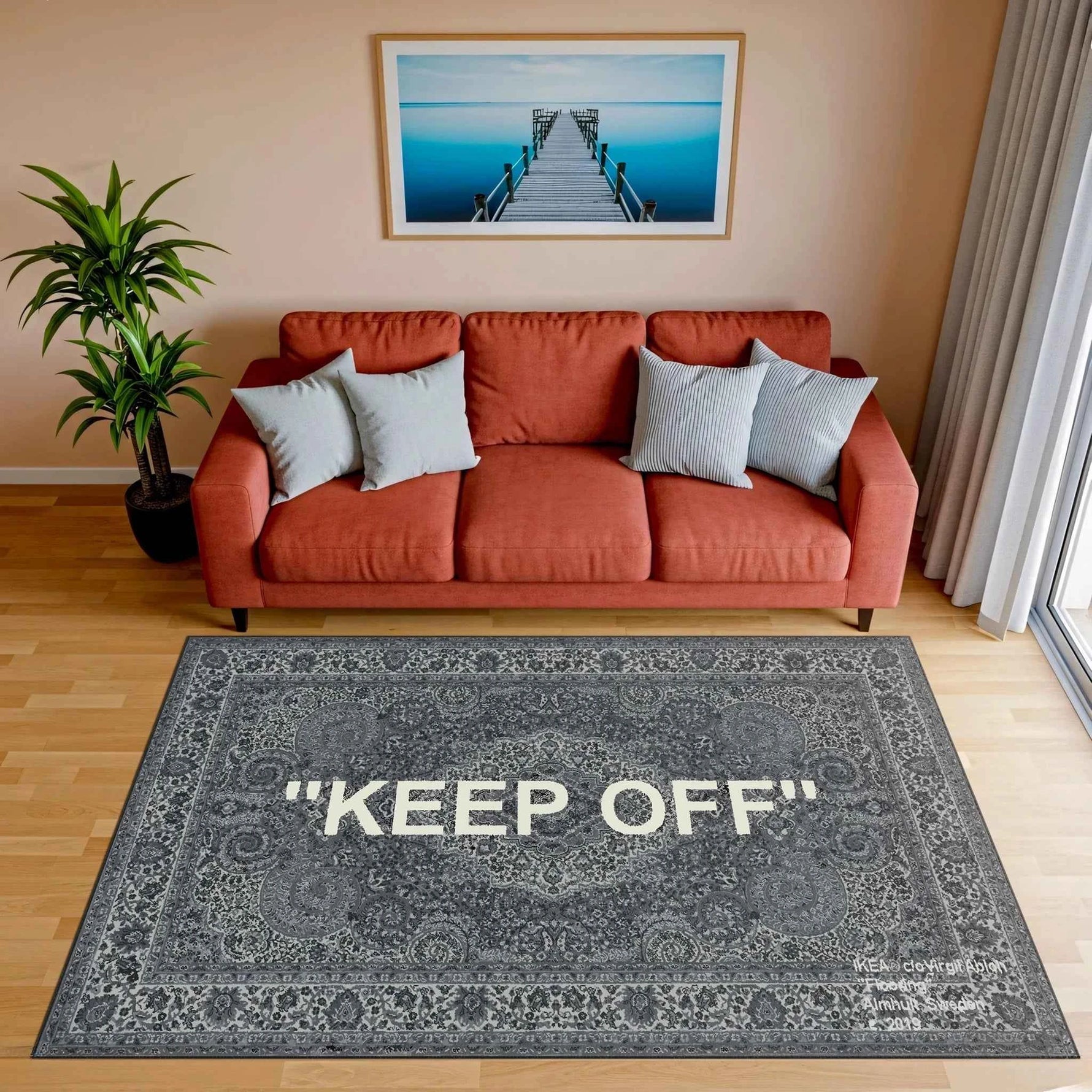 "KEEP OFF" Yazılı Siyah Gri Eskitme Halı