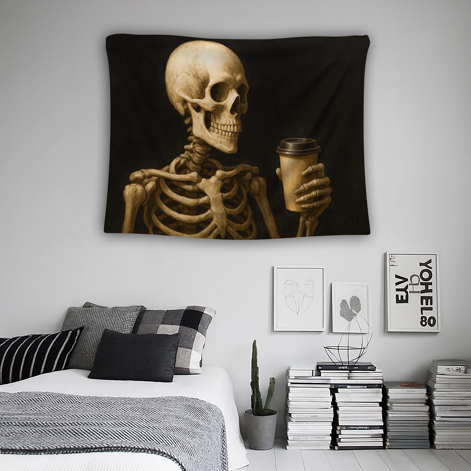 Minimal kompozisyonlu karanlık arka plan ve kahve tutan iskelet illüstrasyonuna sahip FabricUp duvar örtüsü, loft, ofis ve genç odaları için dikkat çekici bir tasarım sunar. Yüksek kaliteli dijital baskı sayesinde dokular gerçekçi ve uzun süre canlı kalır.