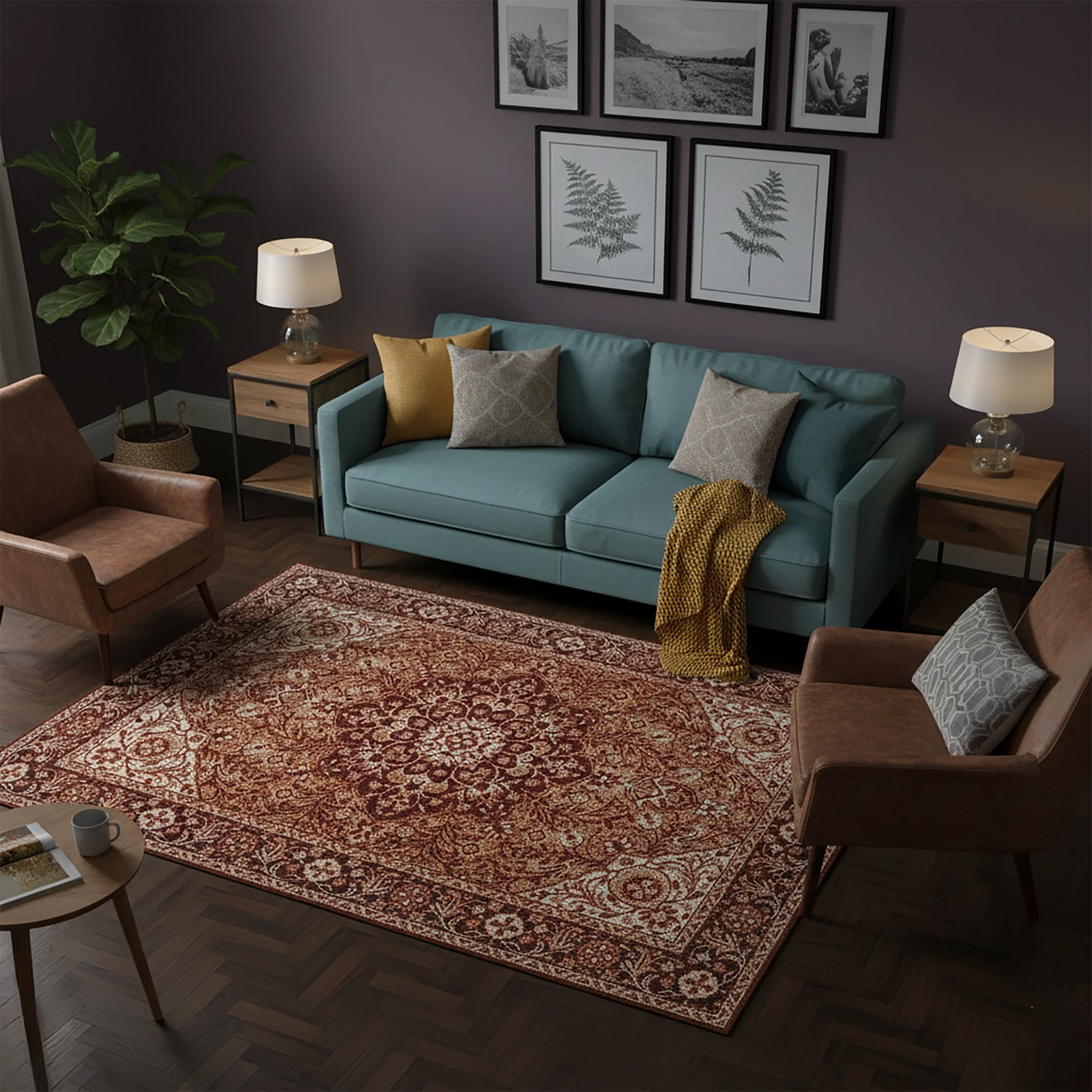 Kahve Krem Tonlarında Klasik İran Desenli Dekoratif Halı