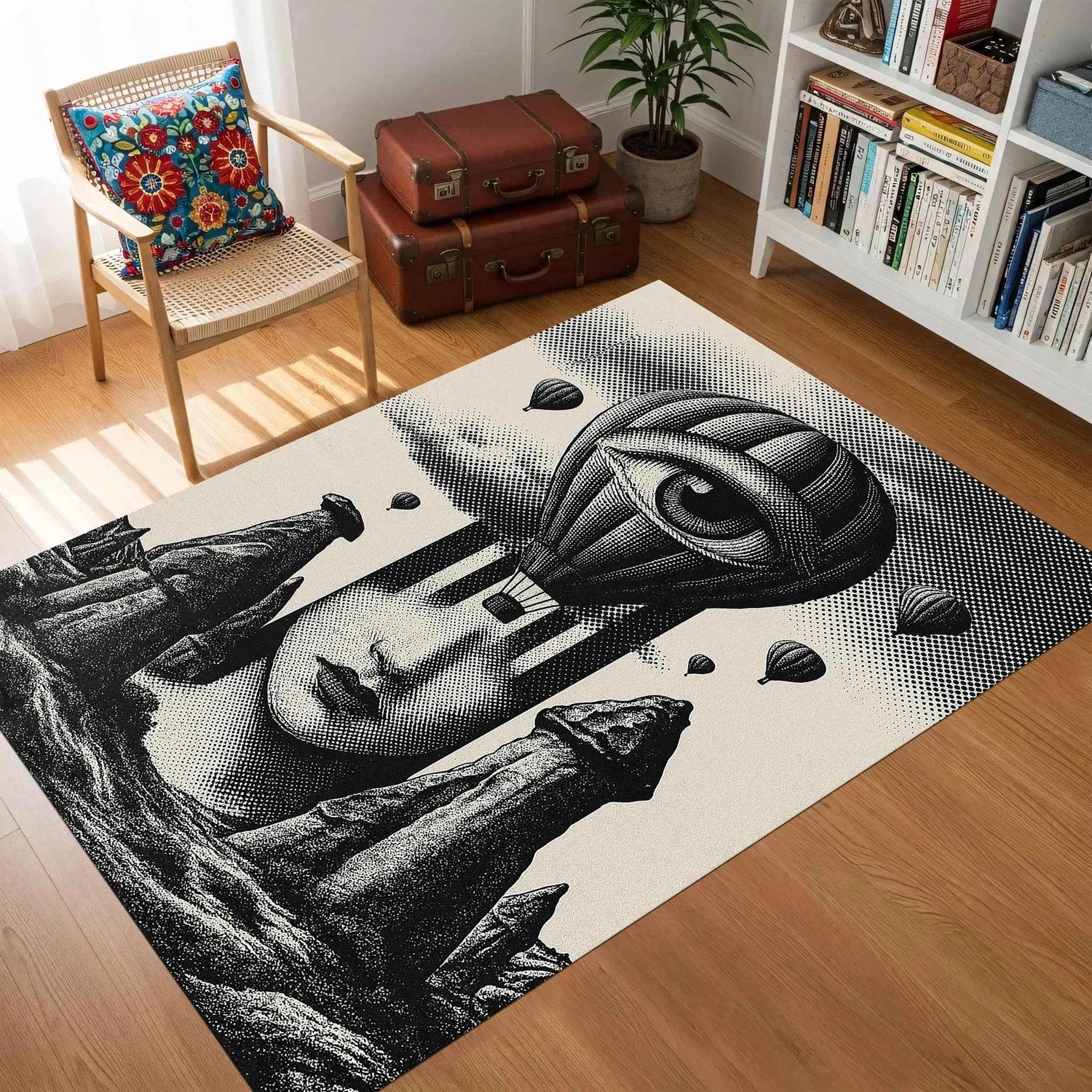 Kapadokya Balon ve Portre Desenli Sanatsal Modern Halı