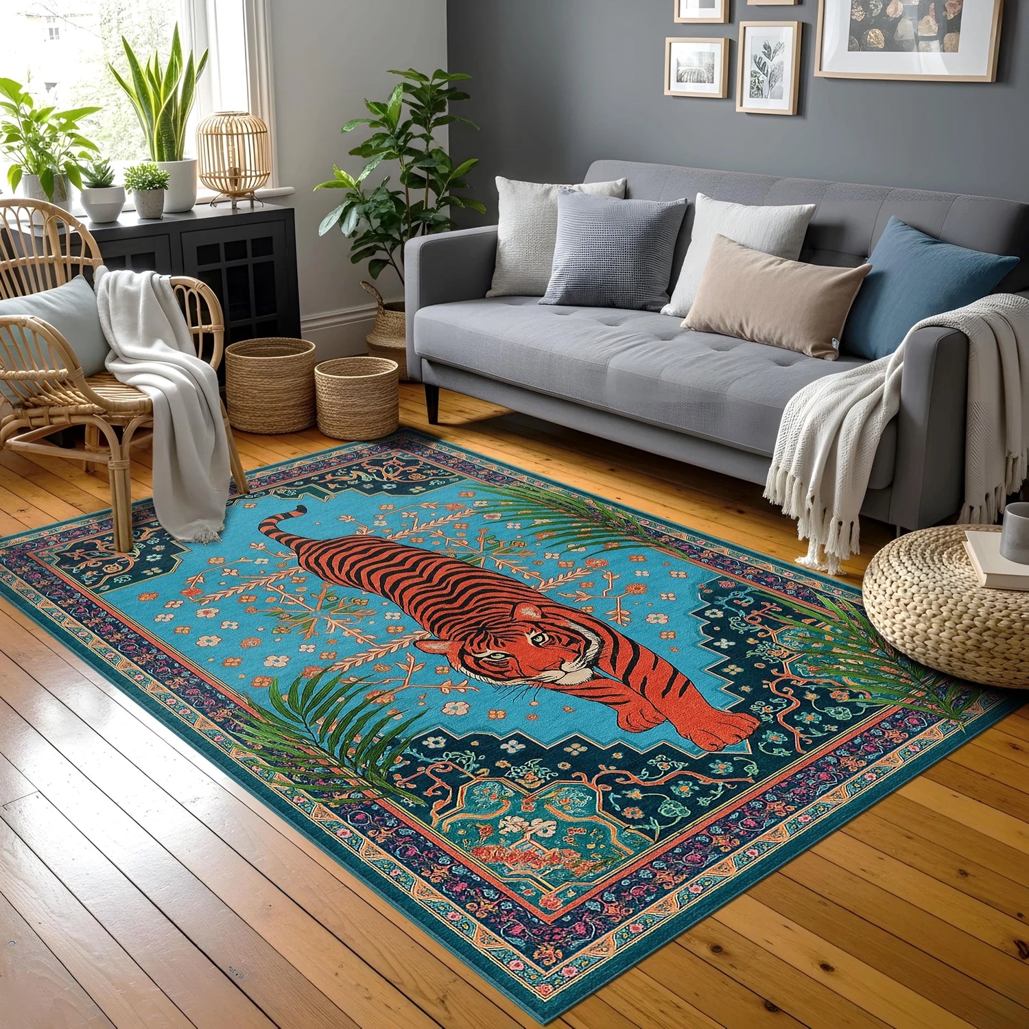 Turkuaz zemin üzerine detaylı kaplan figürü ve etrafını saran klasik oryantal çiçek ve bordür motifleriyle tasarlanmış dijital baskı halı, canlı renk paleti ve simetrik kompozisyonuyla güçlü bir görsel etki sunar. Yüksek çözünürlüklü baskı sayesinde tüy dokuları, çizgi konturları ve desen geçişleri net ve dengeli görünür. Salon, ofis, genç odası ve konsept alanlarda kullanılabilecek bu tasarım, doğa temasıyla klasik estetiği birleştiren FabricUp koleksiyonuna ait özel bir halıdır.
