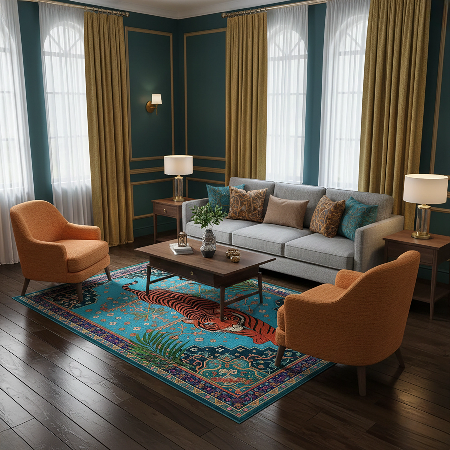 Kaplan Figürlü Turkuaz Egzotik Halı | Turuncu Kaplan Desenli Modern Salon Halısı