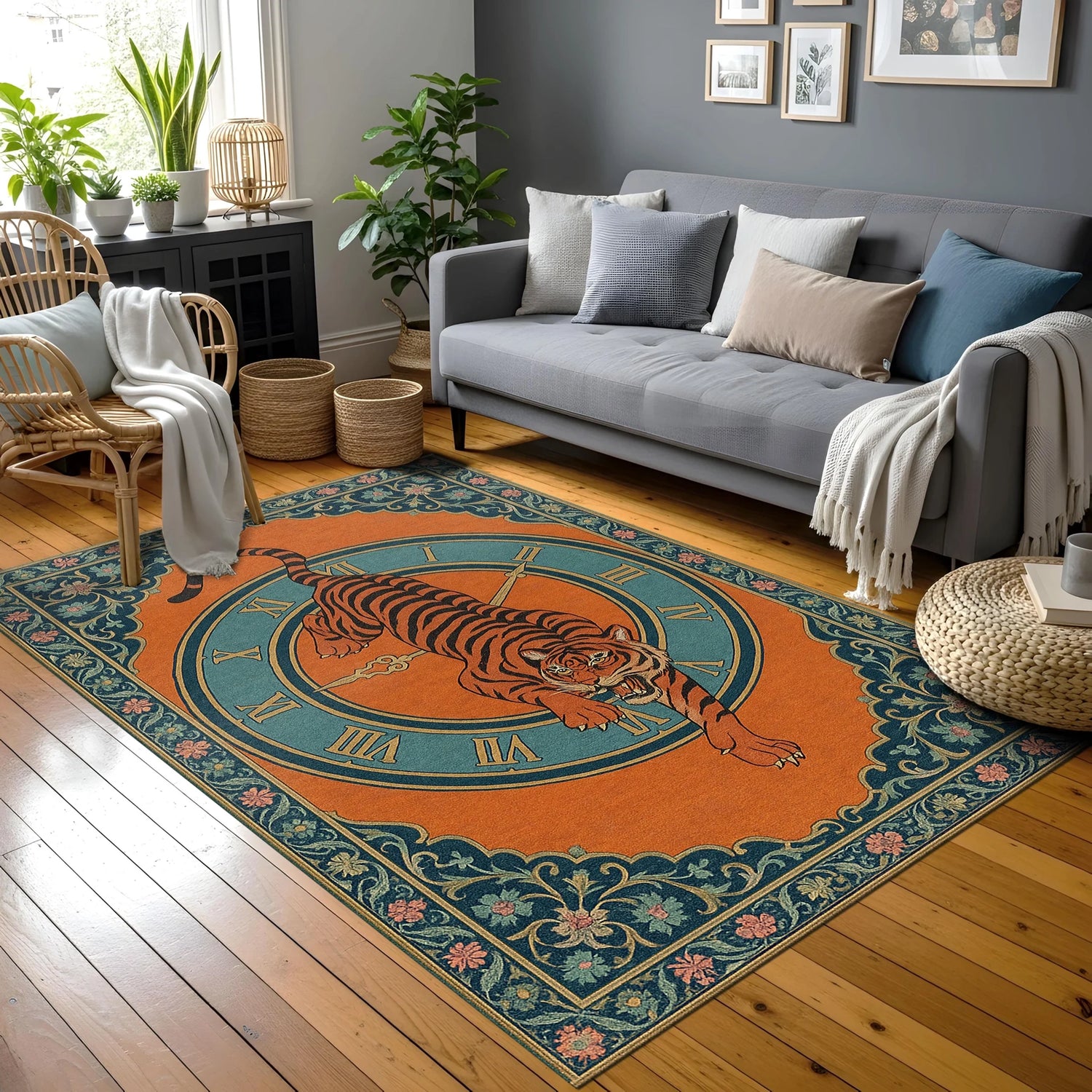 Turuncu zemin üzerinde merkezde saat kadranı formu içinde uzanan kaplan figürü, etrafında mavi ve yeşil tonlarda floral bordür desenleri bulunan sanatsal halı; retro illüstrasyon stili, simetrik kompozisyon ve yüksek kontrastlı grafik yüzey.
