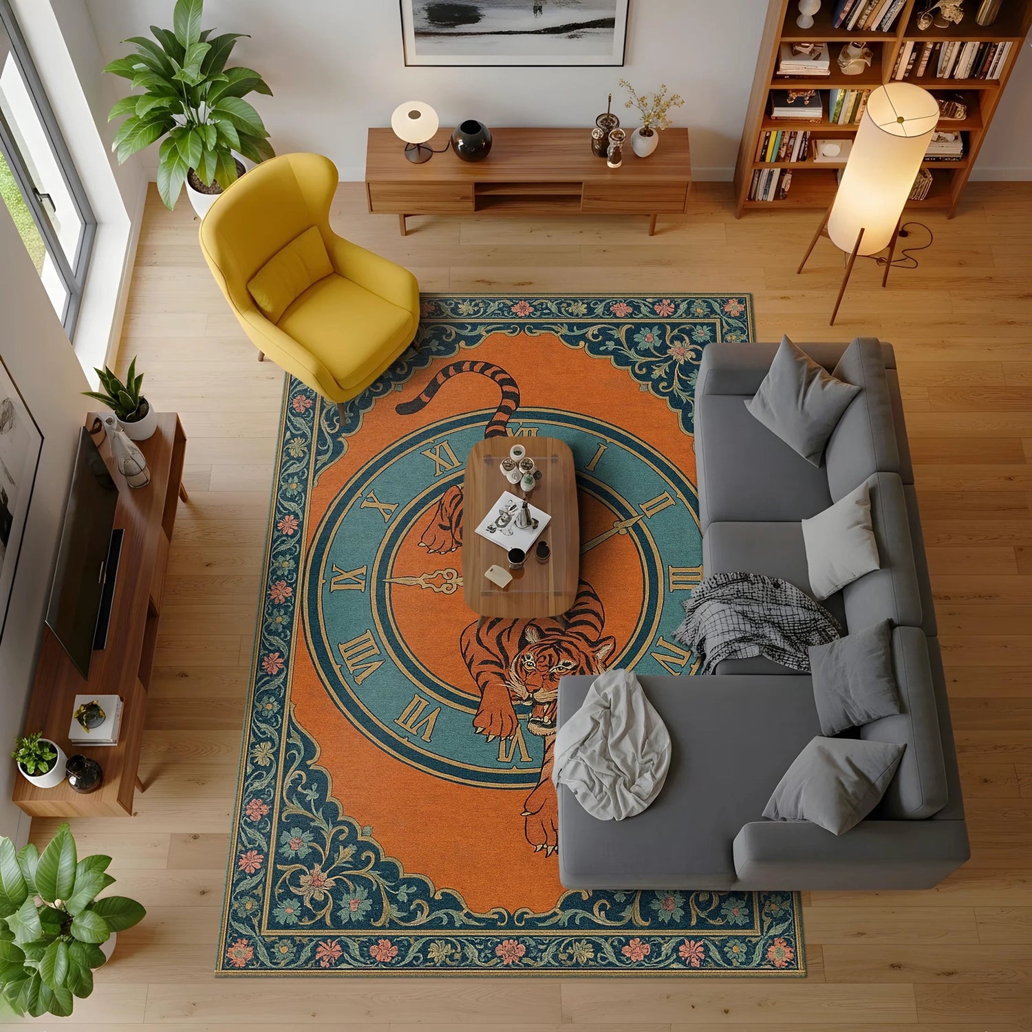 Ortada stilize kaplan motifi, çevresinde Roma rakamlı dairesel çerçeve ve dış kenarda klasik bitkisel süslemelerle tasarlanmış dekoratif halı; turuncu, lacivert ve yeşil renk dengesi, vintage poster estetiği.
