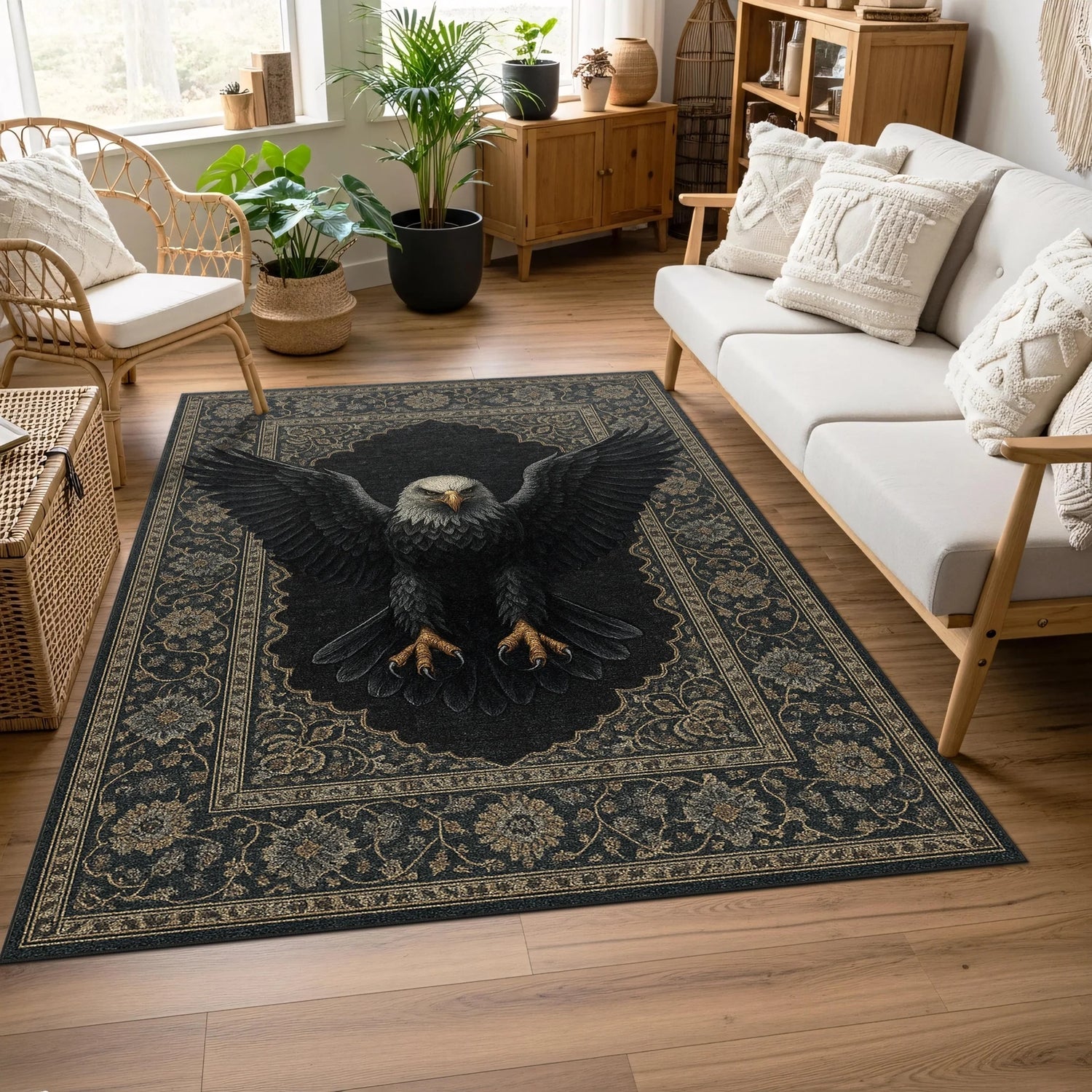 Siyah zemin üzerinde kanatlarını açmış kartal figürü bulunan, altın tonlu tüy detayları ve pençelerle vurgulanmış, etrafı klasik oryantal çiçek motifli bordürle çevrili, simetrik kompozisyonlu, güçlü ve asil hayvan temalı dekoratif halı tasarımı.

